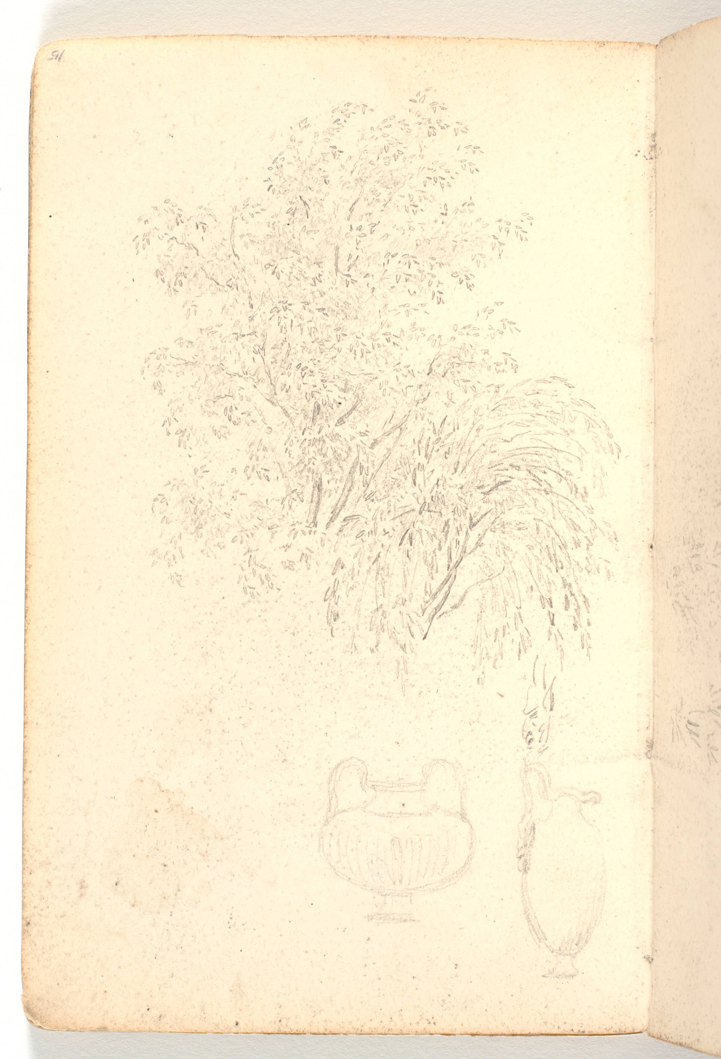 Studier af trætop, samt to antikke vaser og satyrmaske, Martinus Rørbye, 1825-1826