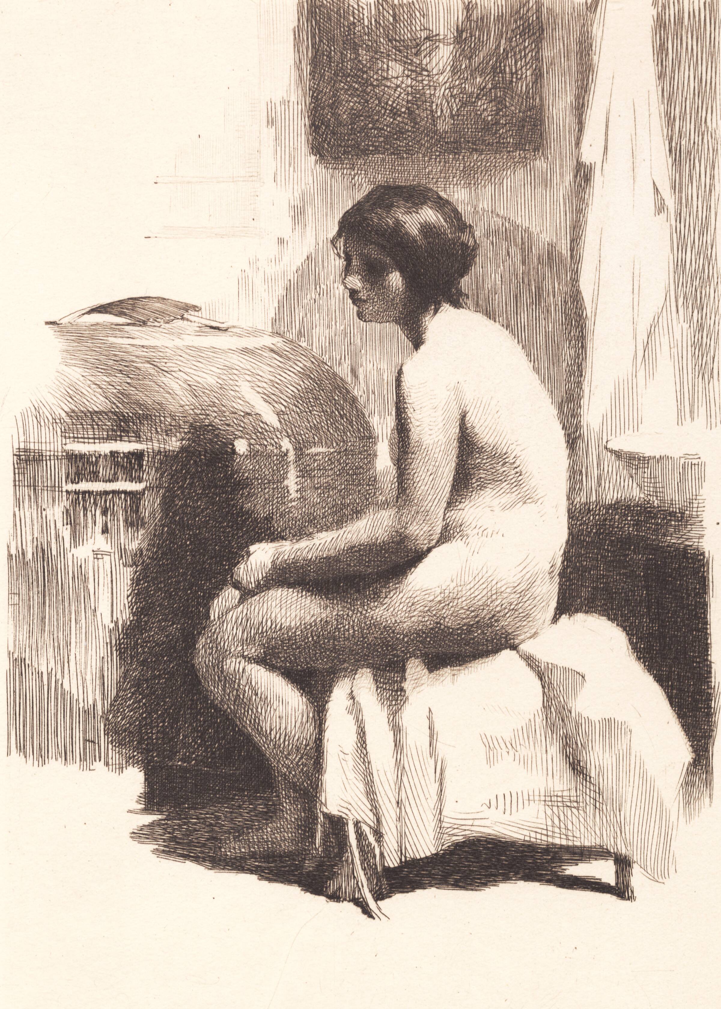 Nøgen kvindelig model, siddende i et værelse, Frans Schwartz, 1865-1917