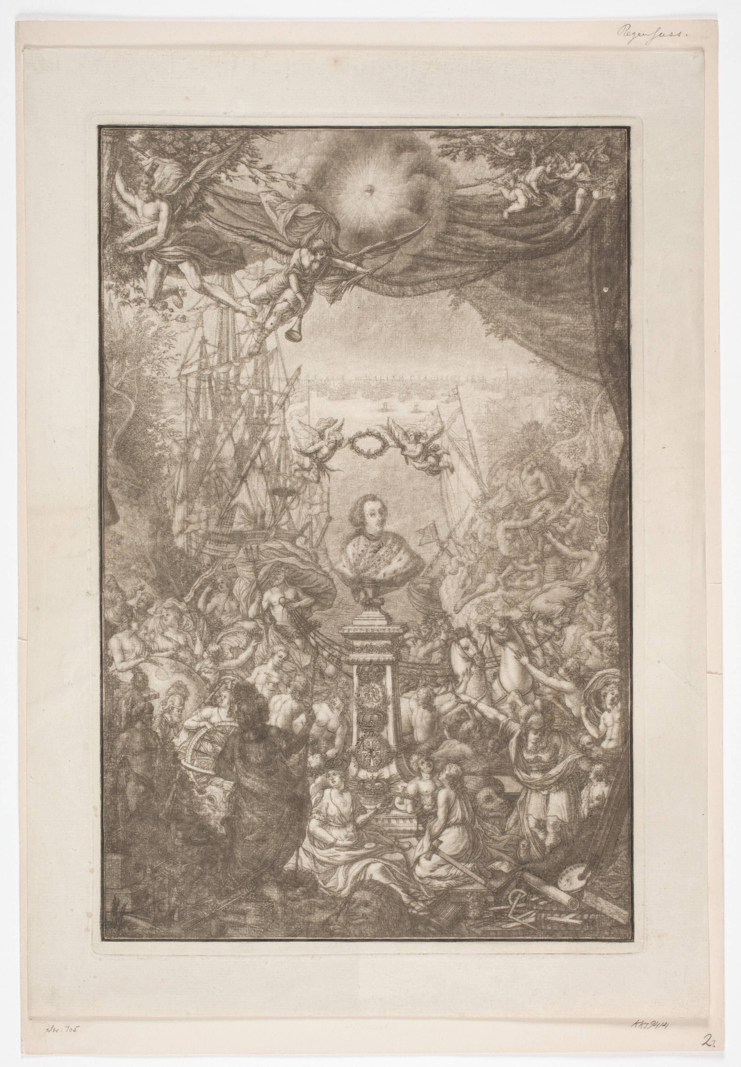 Buste af Frederik V. Titelblad til ""Auserlesene Schnecken, Muscheln und Schalthiere ...", Franz Michael Regenfuss, 1758