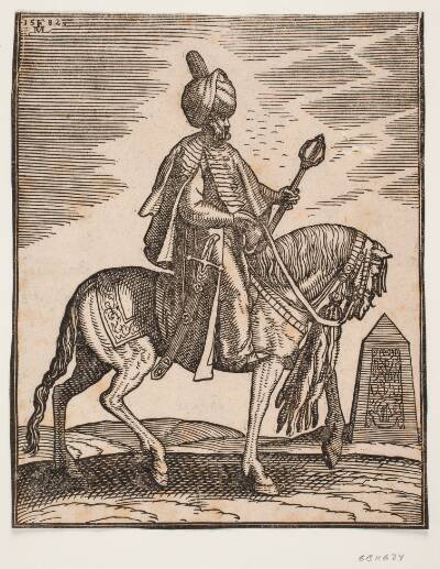Rytter med turban, sværd langs den højre side og kølle i venstre hånd, profil t.h.; i baggrunden en obelisk