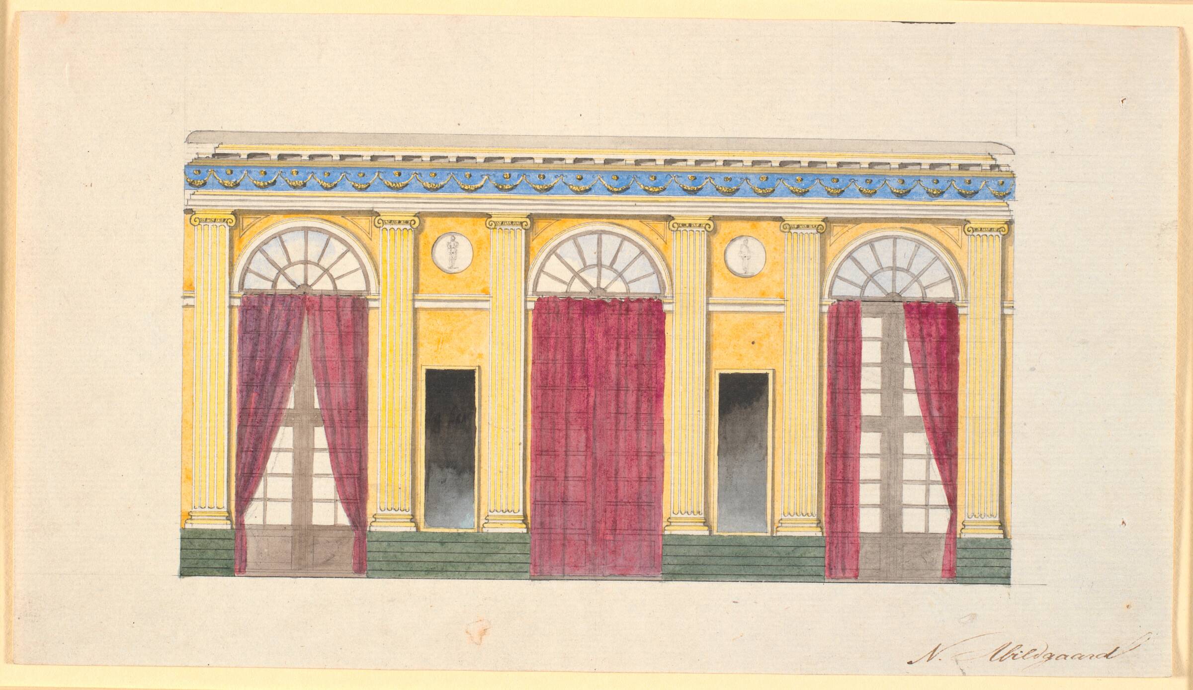 Udkast til dekoration af vinduesvæg i Gallasalen, med røde portierer, Nicolai Abildgaard, 1743-1809