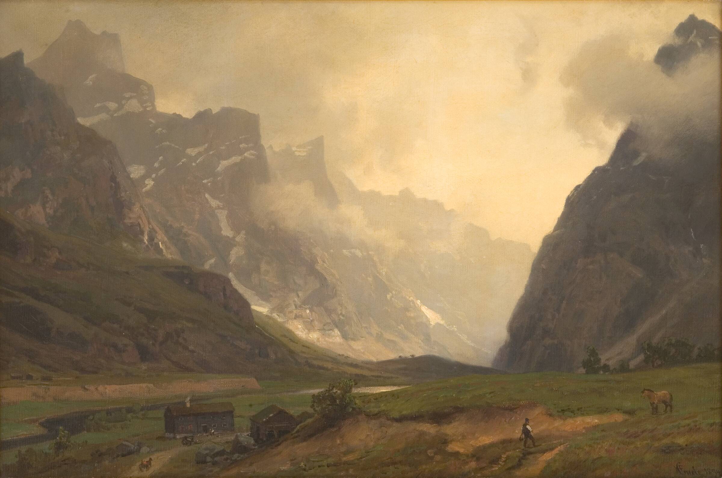 Troldtinderne i Romsdalen; foden af Romsdalshorn til højre, Hans Gude, 1894