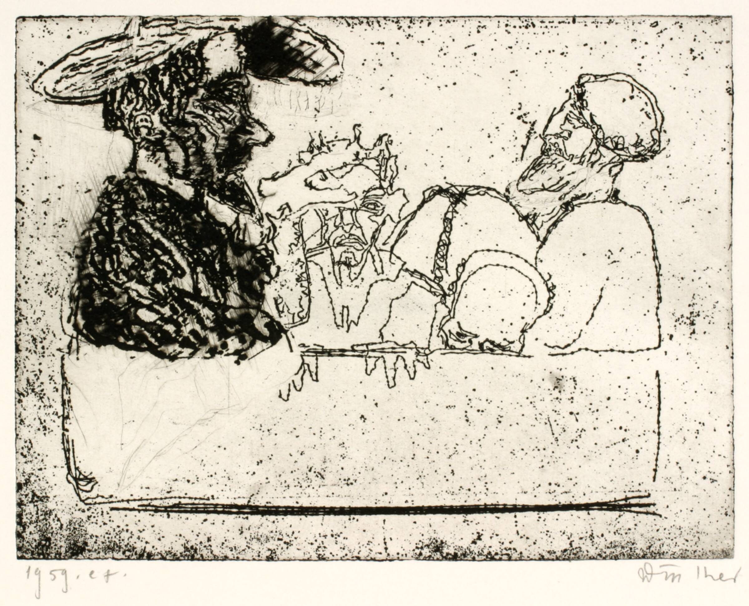 Seghers, Richard Winther, Jørgen Rømer og J. J. Thorsen i en sarkofag, Richard Winther, 1959