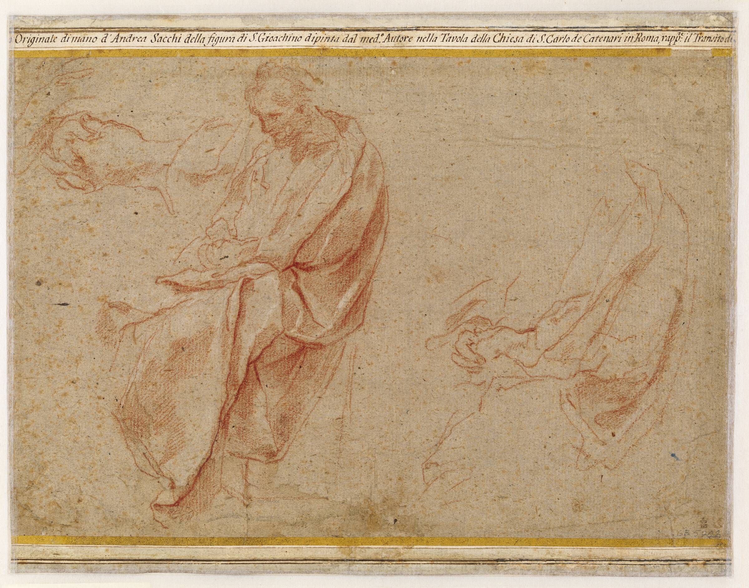 To studier af en siddende mand samt et studie af hans foldede hænder, Andrea Sacchi, 1599-1661