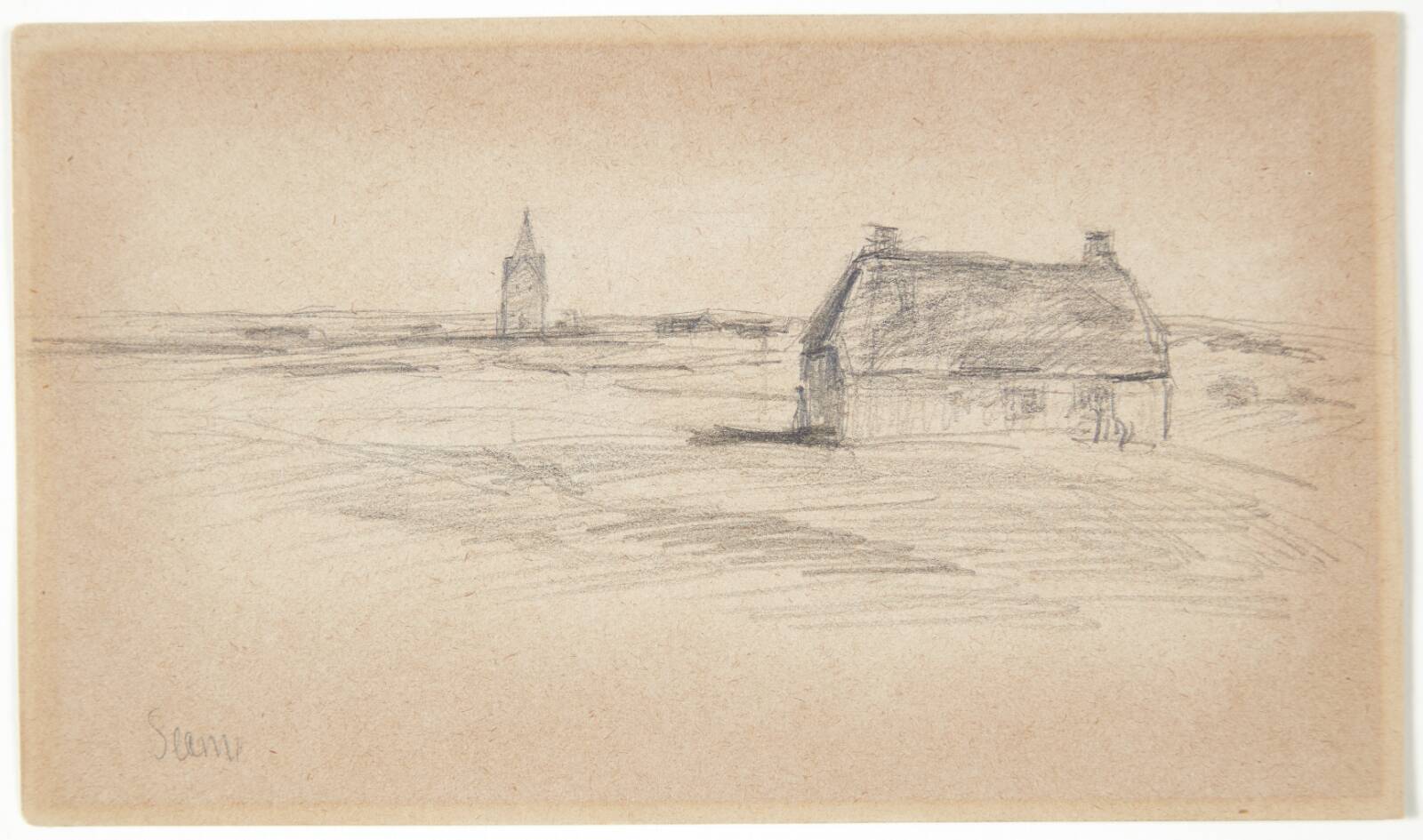 Bondehus og kirketårn, Albert Gottschalk, 1866-1906