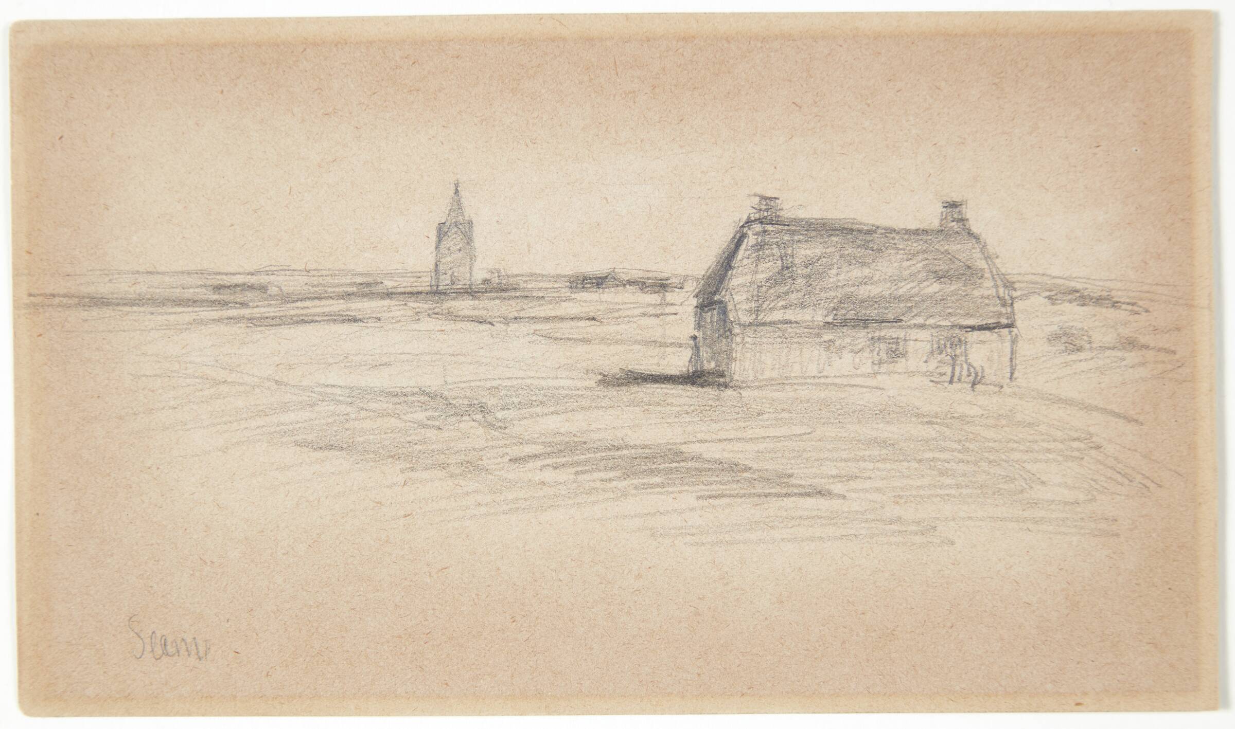 Bondehus og kirketårn, Albert Gottschalk, 1866-1906