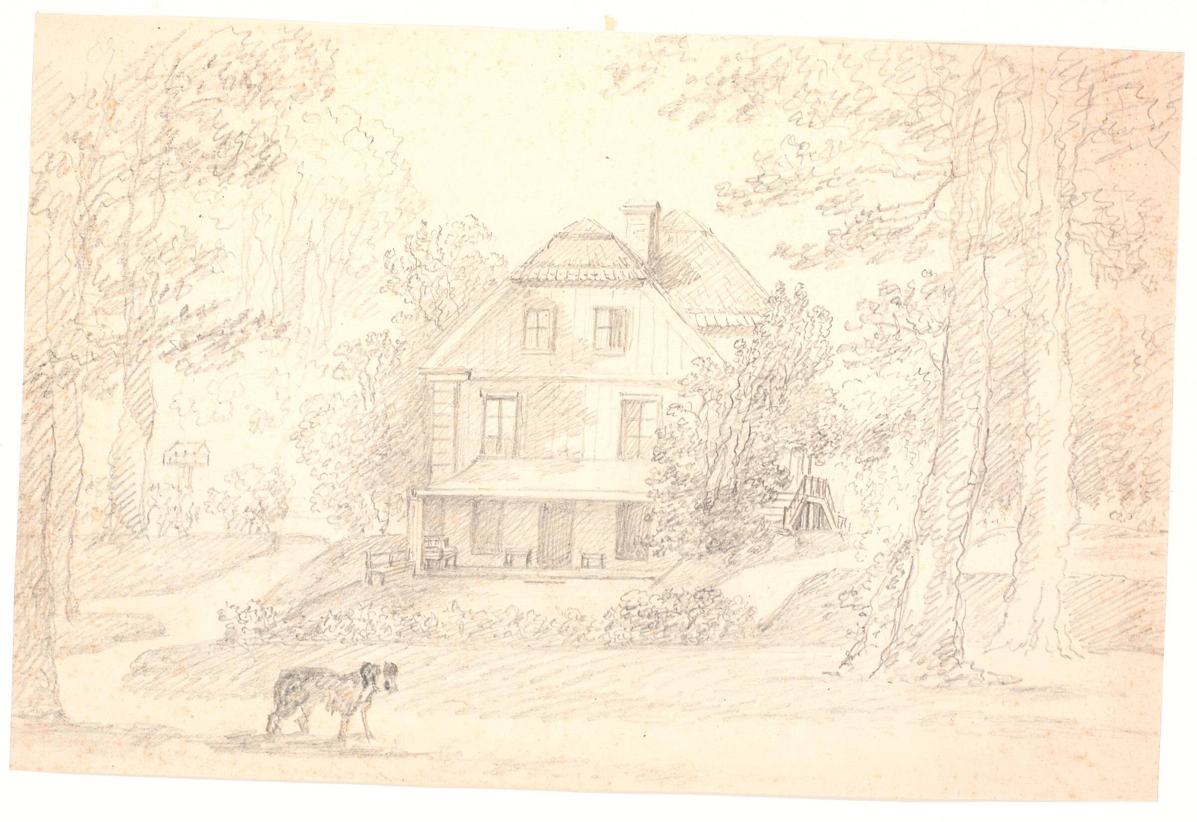 En villa med dobbelttrappe set fra gavlen, beliggende i en park. Sølyst, Klampenborg, C.A. Lorentzen, 1746-1828