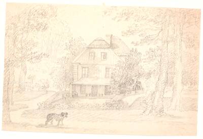 En villa med dobbelttrappe set fra gavlen, beliggende i en park. Sølyst, Klampenborg