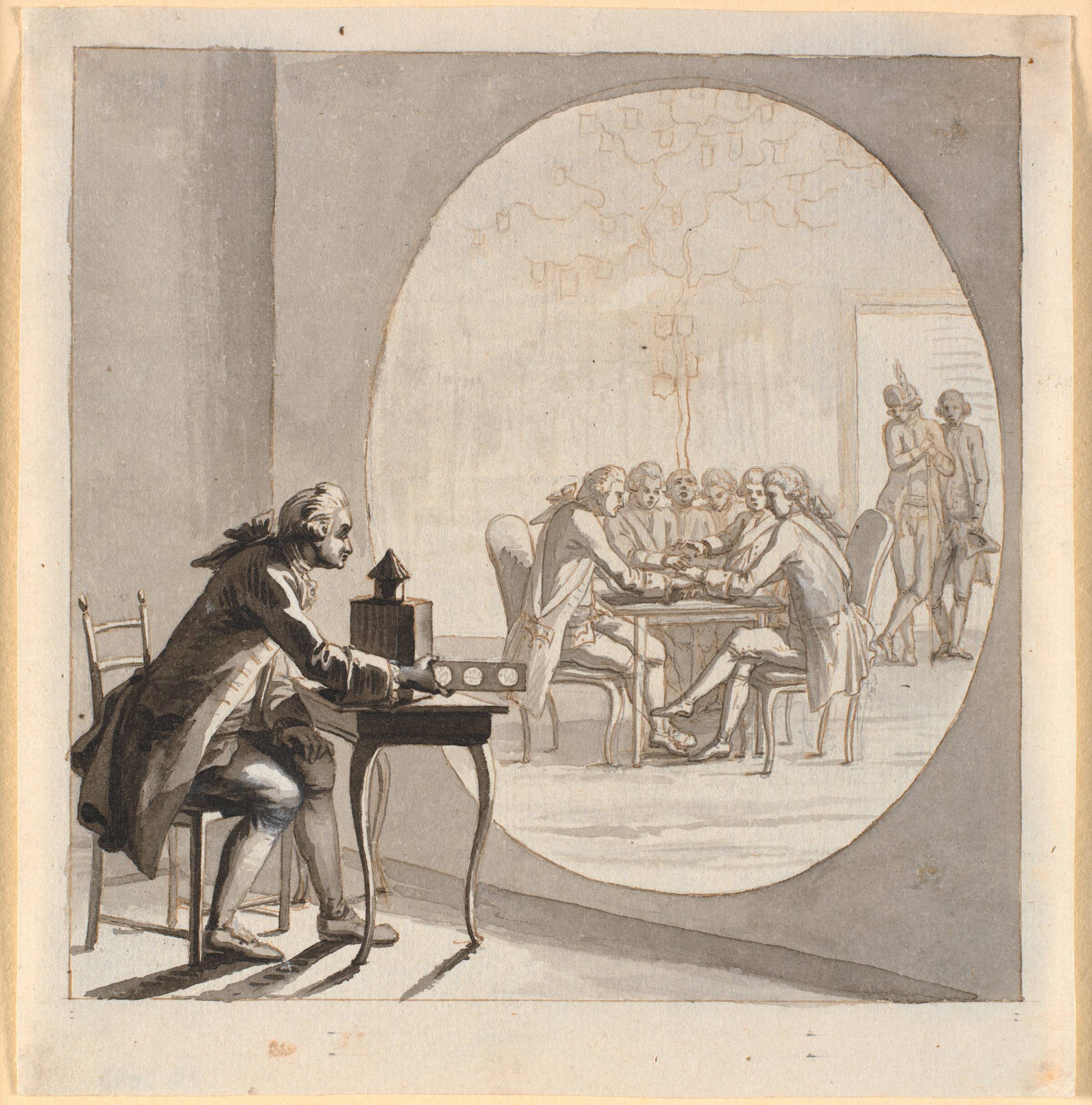 En mand med et laterna magica viser et billede af gehejmestatsrådet, Nicolai Abildgaard, 1743-1809