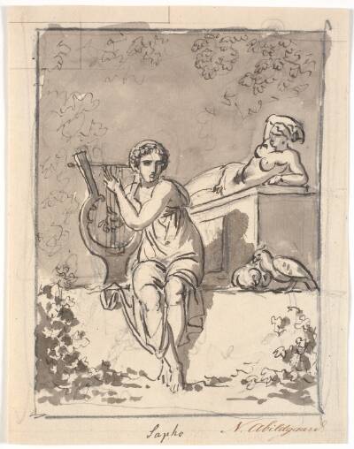 Sappho, siddende med sin lyre, i baggrunden hviler en hermafrodit