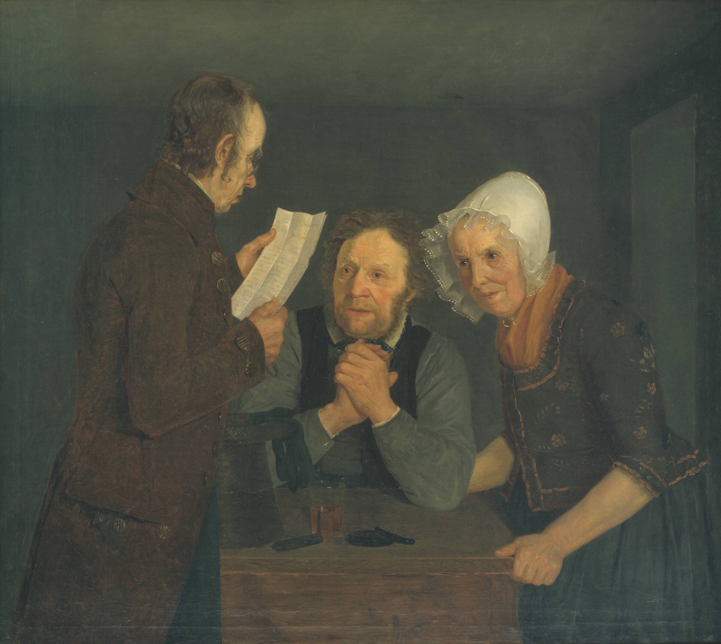 En skolemester læser et brev op for et par gamle folk fra deres søn i udlandet, Moritz Unna, 1835