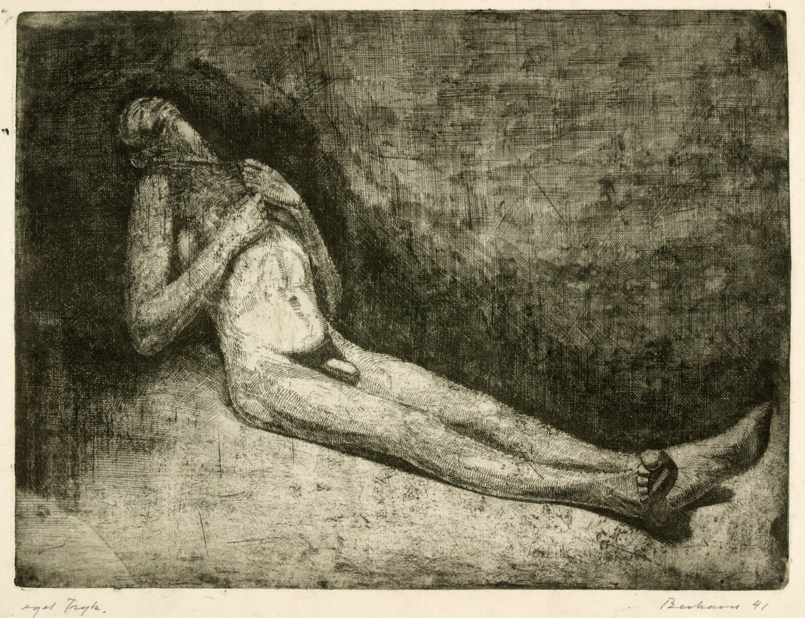 Modelstudie. Siddende mand, vendt mod højre, Helge Bertram, 1941