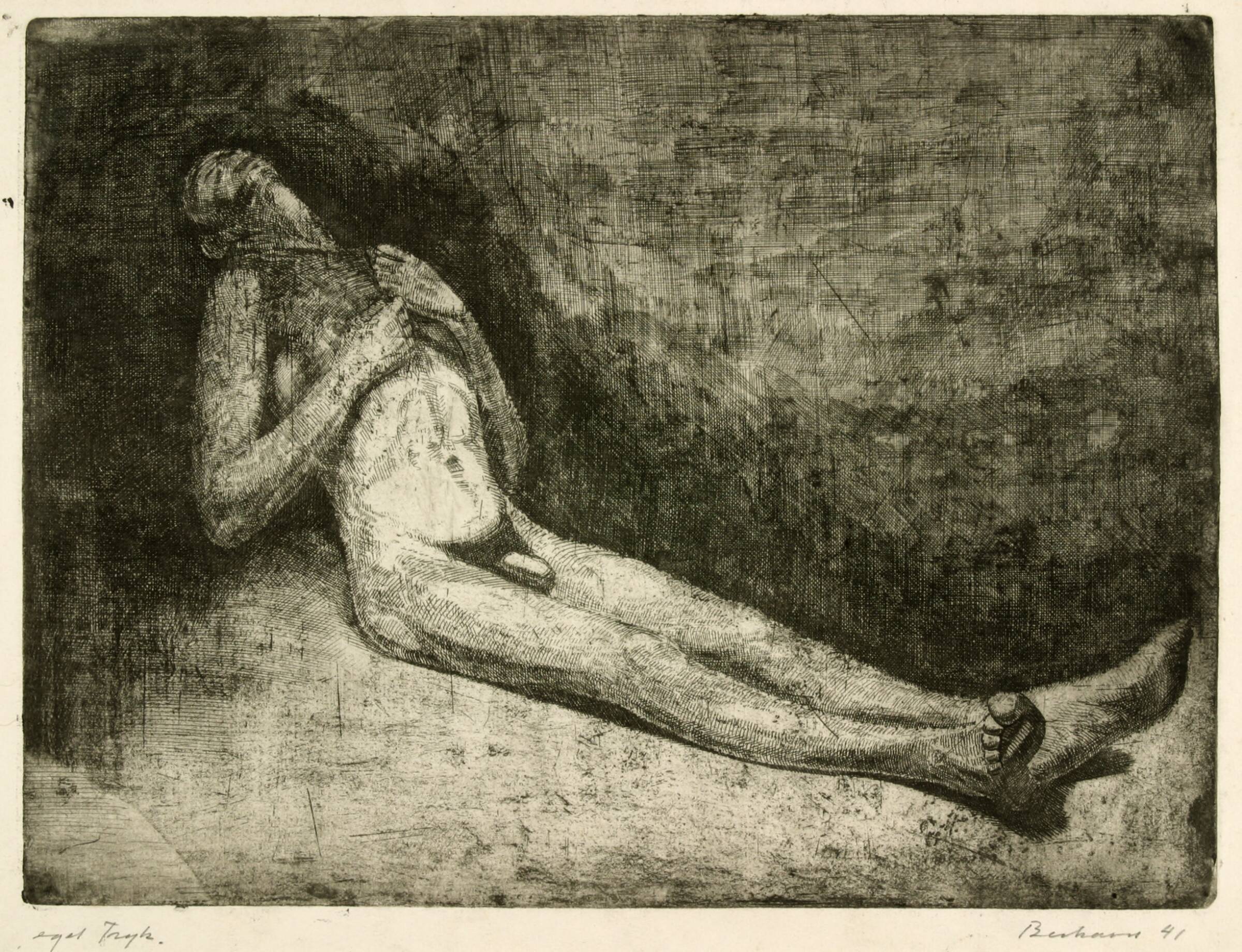 Modelstudie. Siddende mand, vendt mod højre, Helge Bertram, 1941