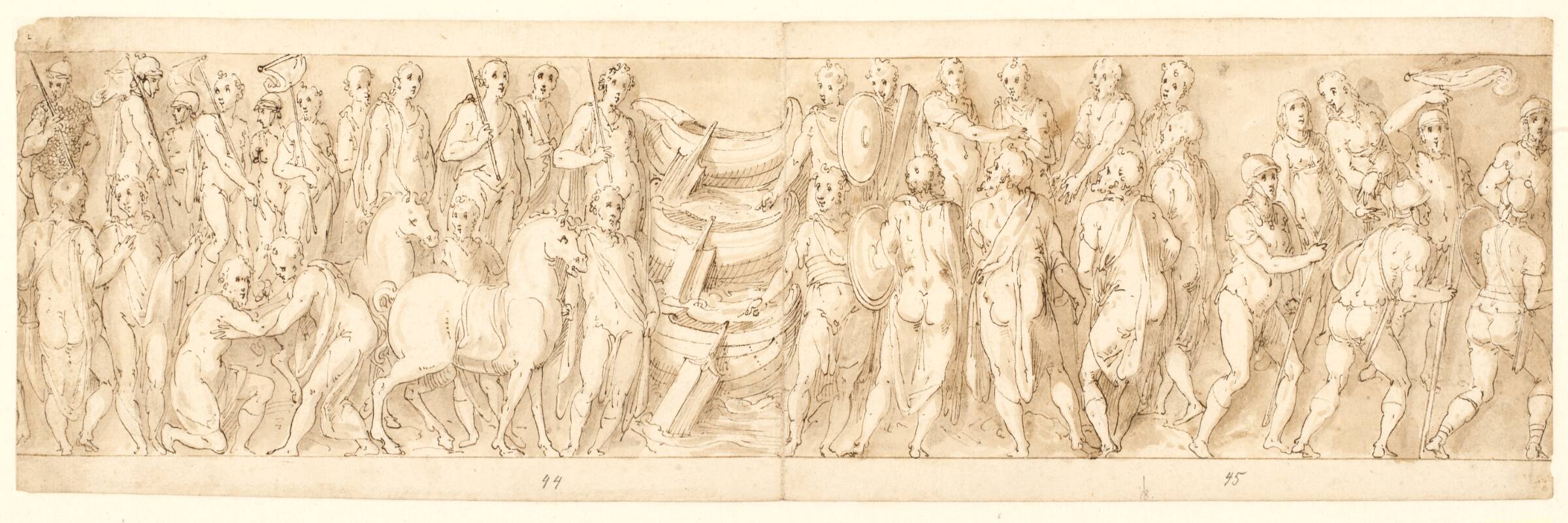 Sarmaterne overgiver sig; germanere føres over Donau; sarmaterne klager over germanerne til Marcus Aurelius; begyndelsen af en henrettelsesscene, Джованни Гуэрра, 1544-1618