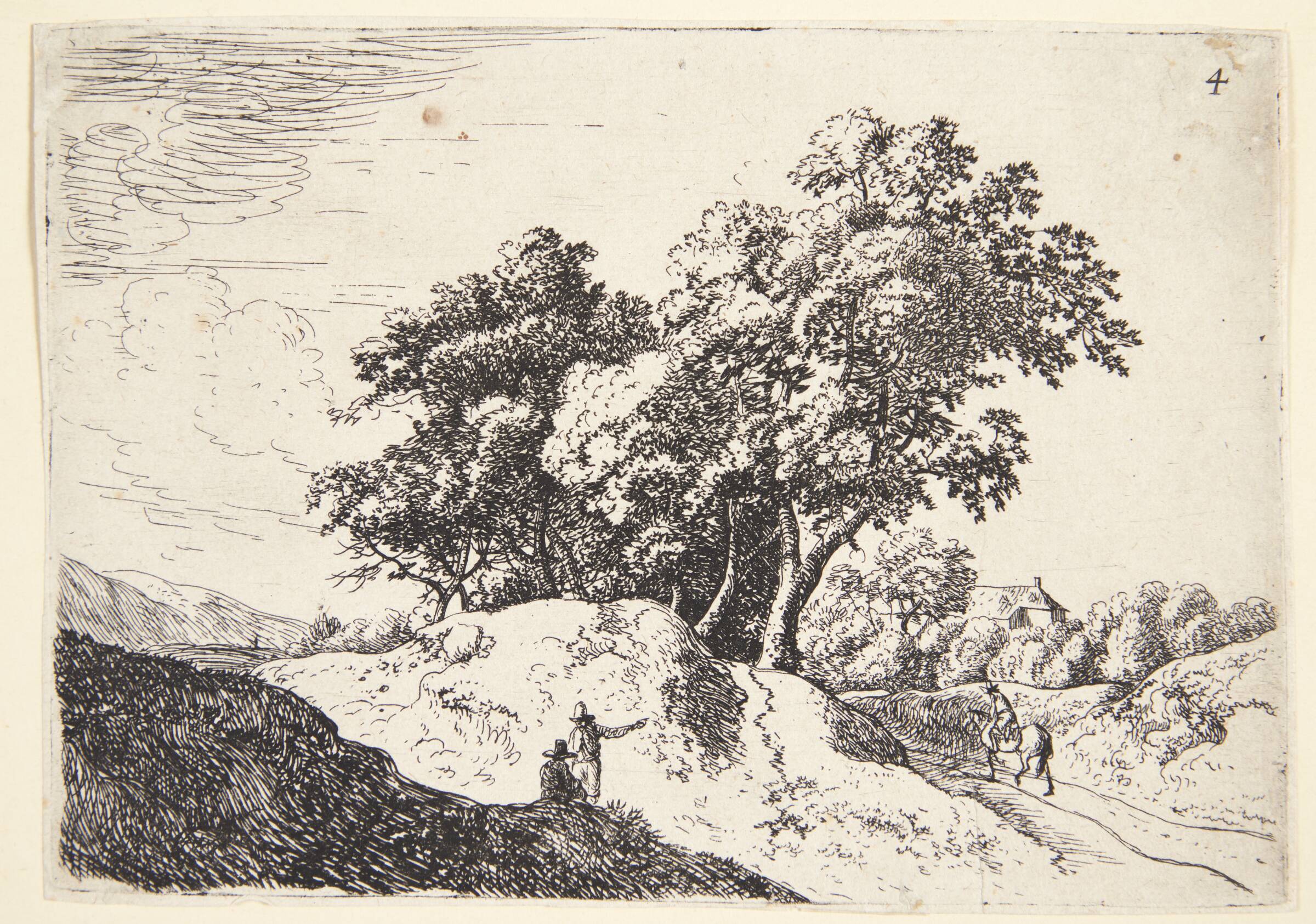 Landskab med to mænd, t.h. en vej med en rytter under høje træer, i baggrunden et hus, Jan van Aken, 1614-1661