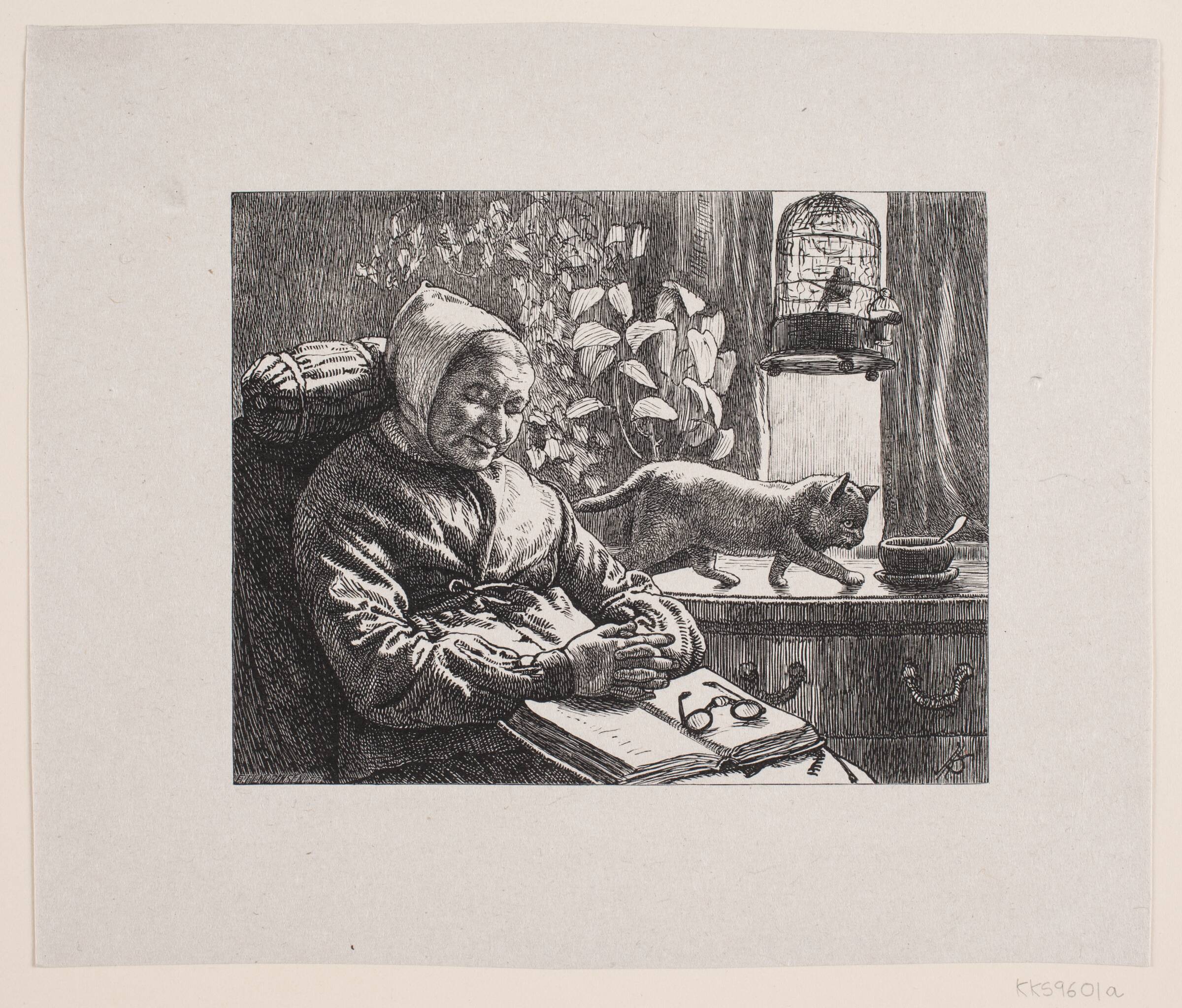 En gammel Kone er faldet i Søvn inden læsning af Bibelen, F. Hendriksen, 1847-1871