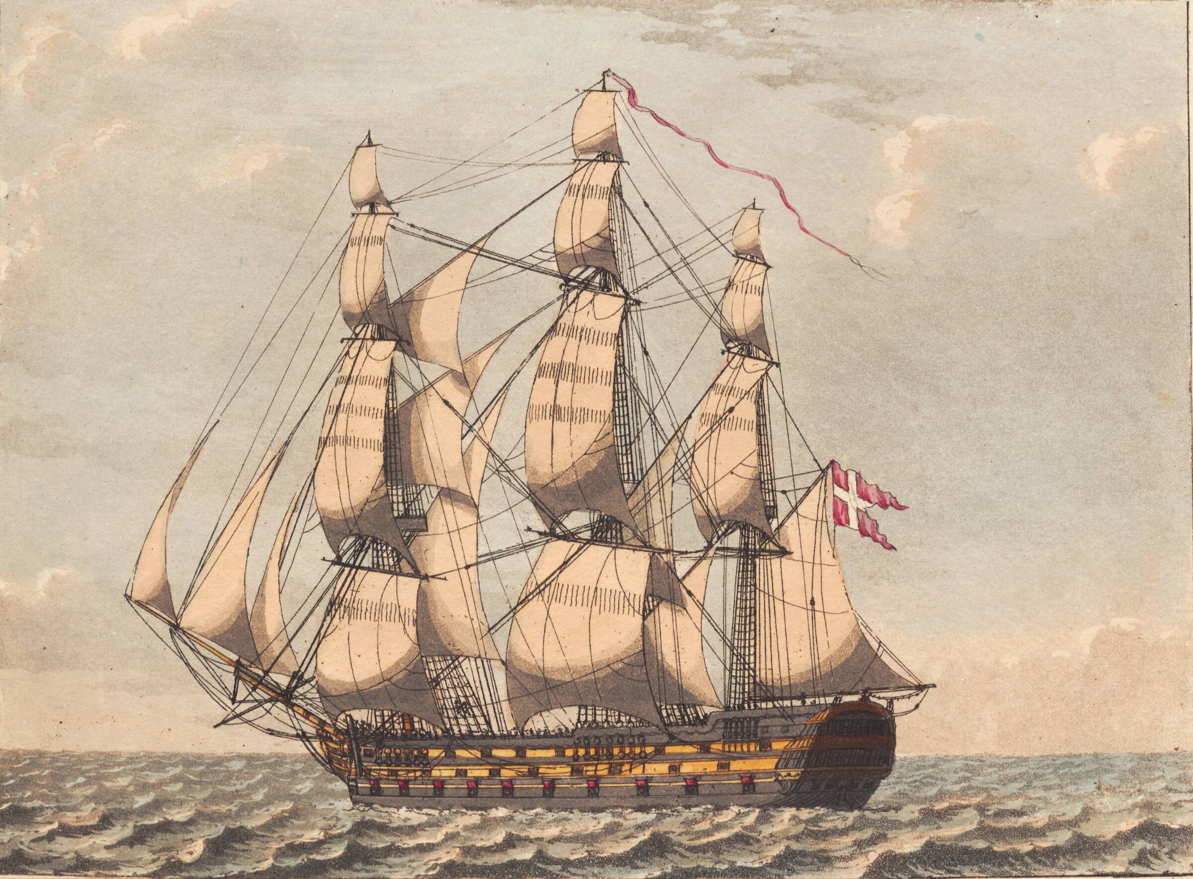 Et dansk orlov skib, at se i læ, med sidevind, Niels Truslew, 1805