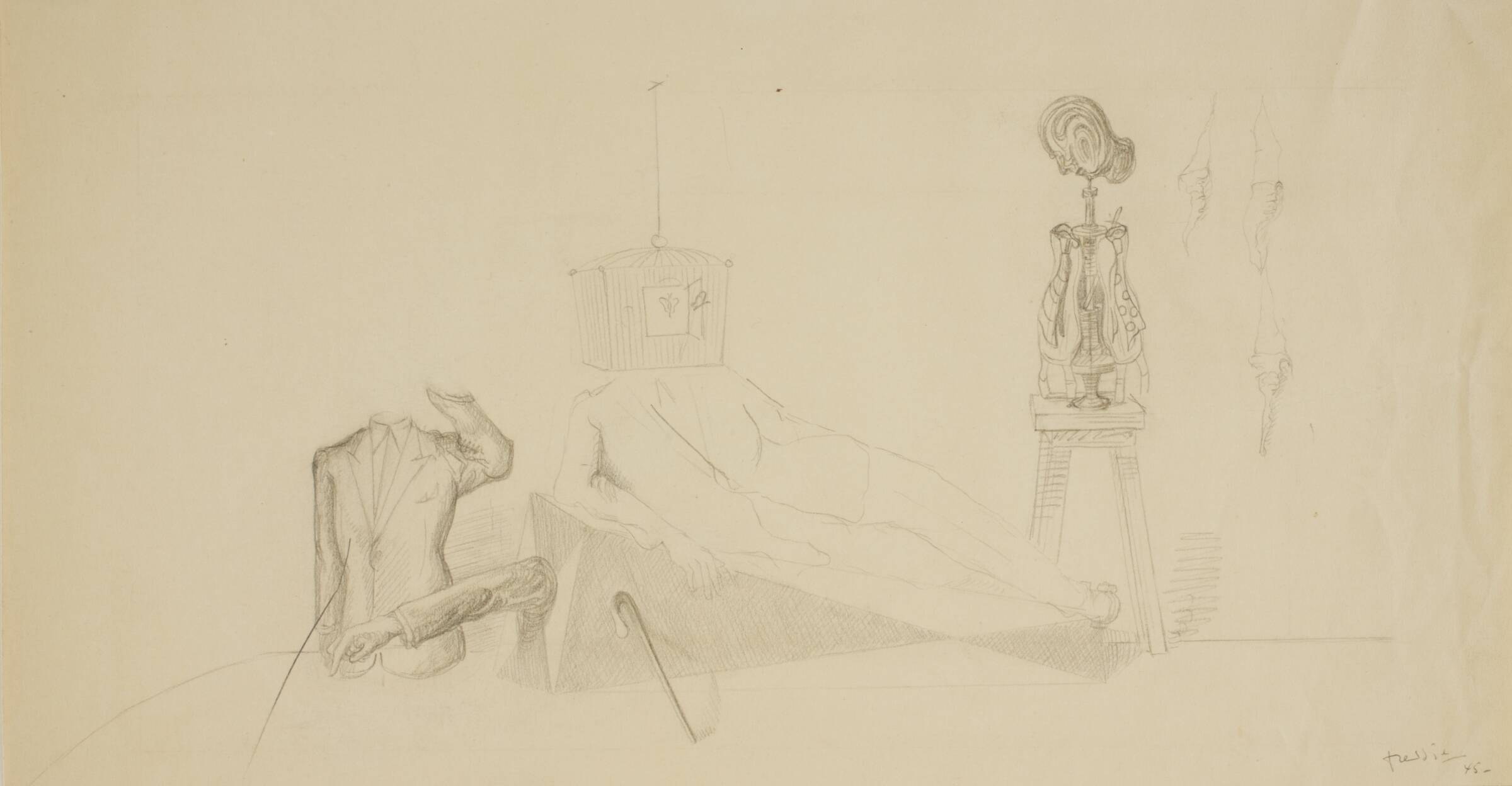 Liggende påklædt mand med sommerfugleburshoved og objekter, Wilhelm Freddie, 1945