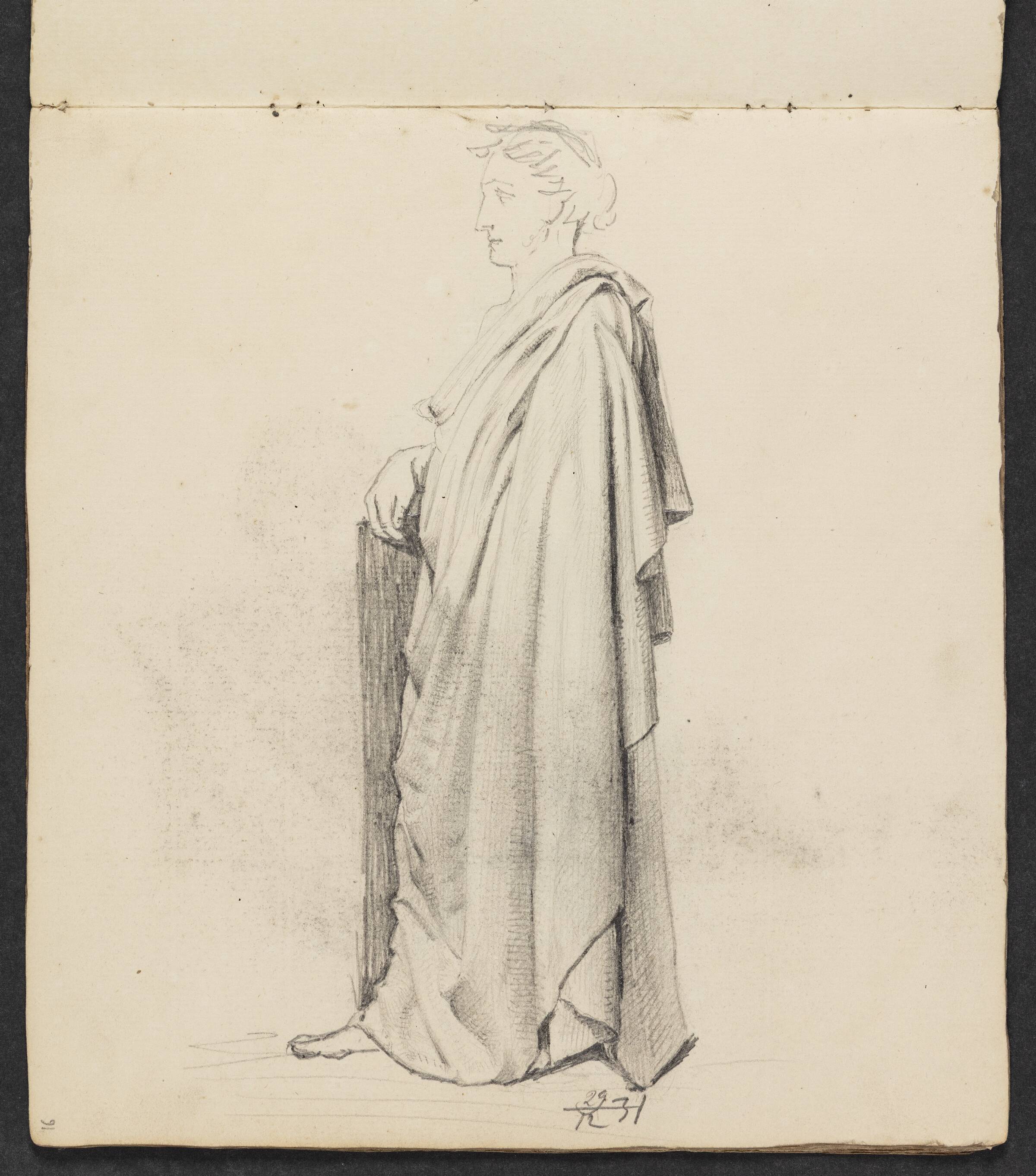 Stående mand med fodlang kappe i profil, Jørgen Roed, 1831-1832