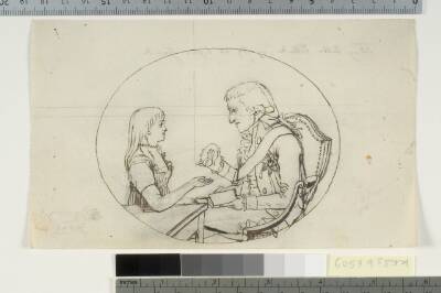 Arveprins Frederik med arveprinsen (Chr. VIII) viser et portræt af den afdøde arveprinsesse Sofie Frederikke