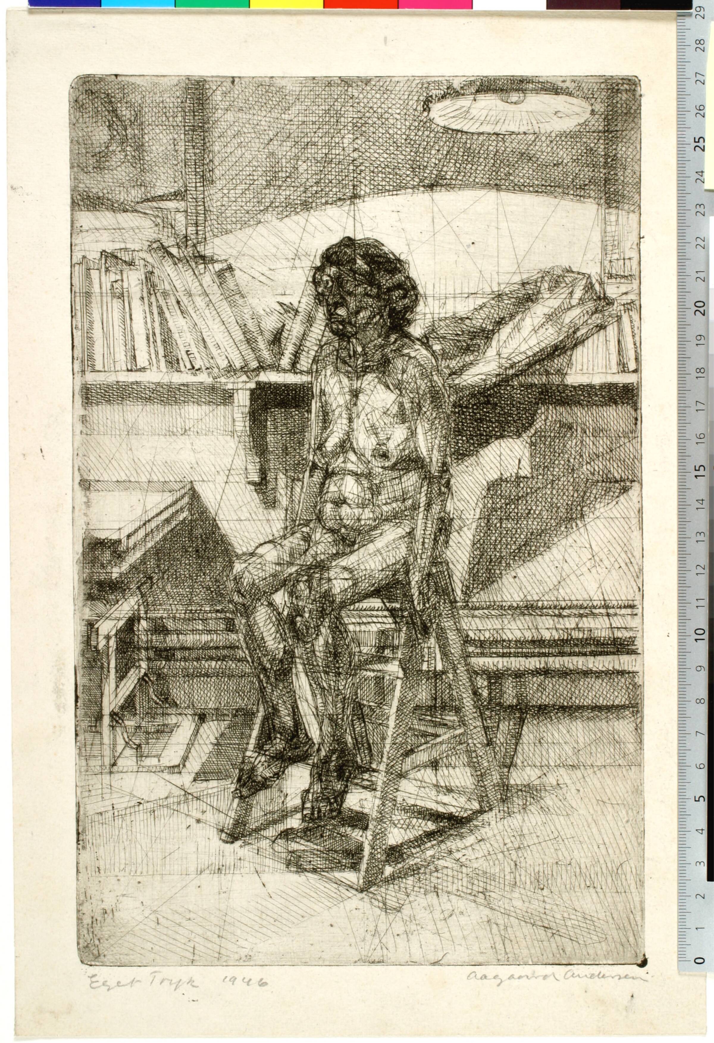 Siddende kvindelig model på trappestige, Gunnar Aagaard Andersen, 1946