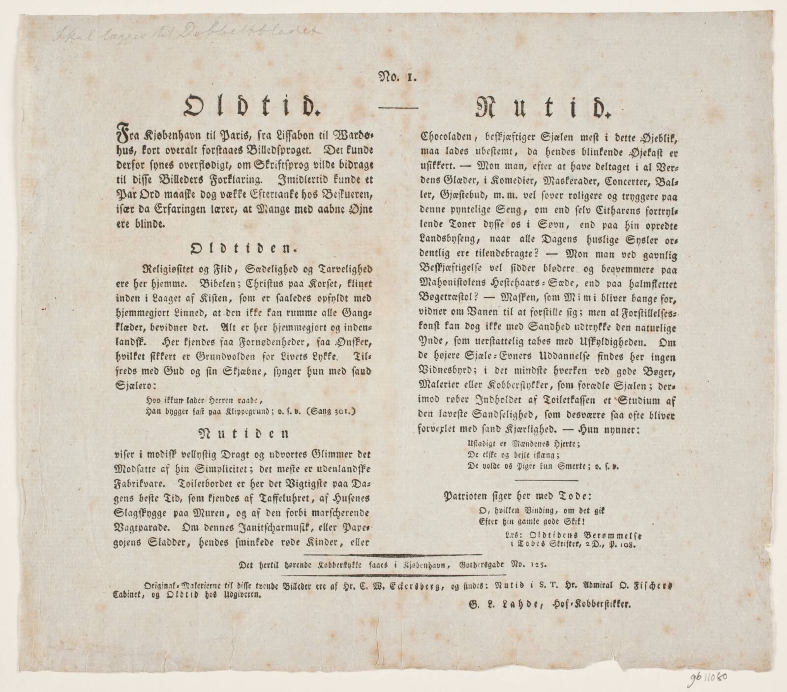 Oldtid - Nutid. Tekstblad, Gerhard Ludvig Lahde, 1815