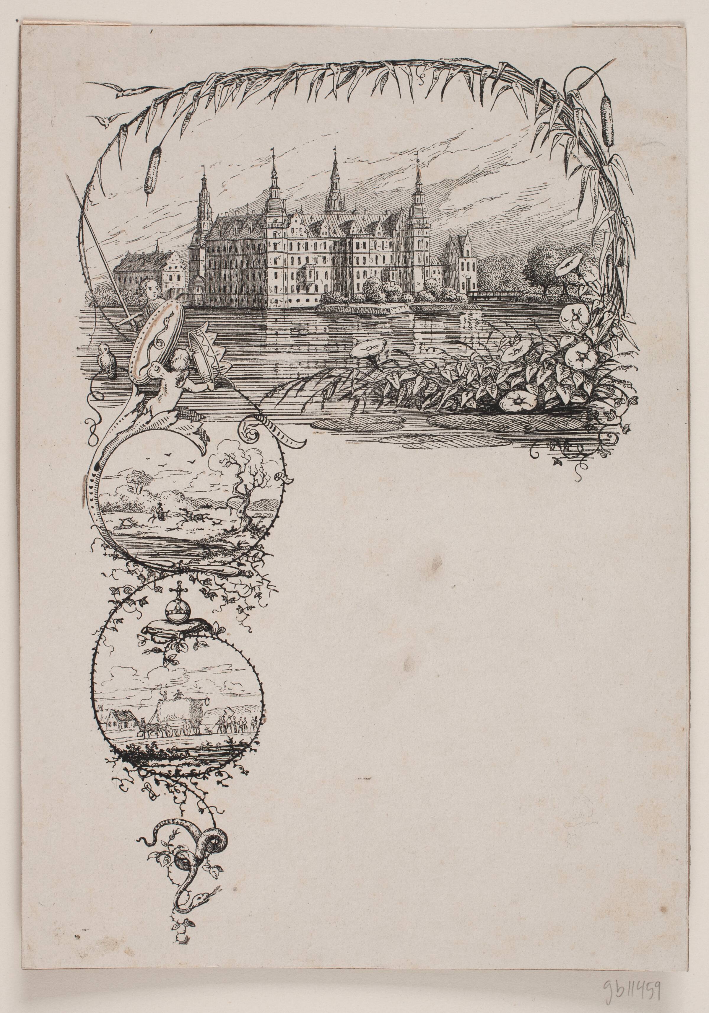 Brevpapir med Frederiksborg samt jagt- og høstmotiv, Johan Aagaard, 1846