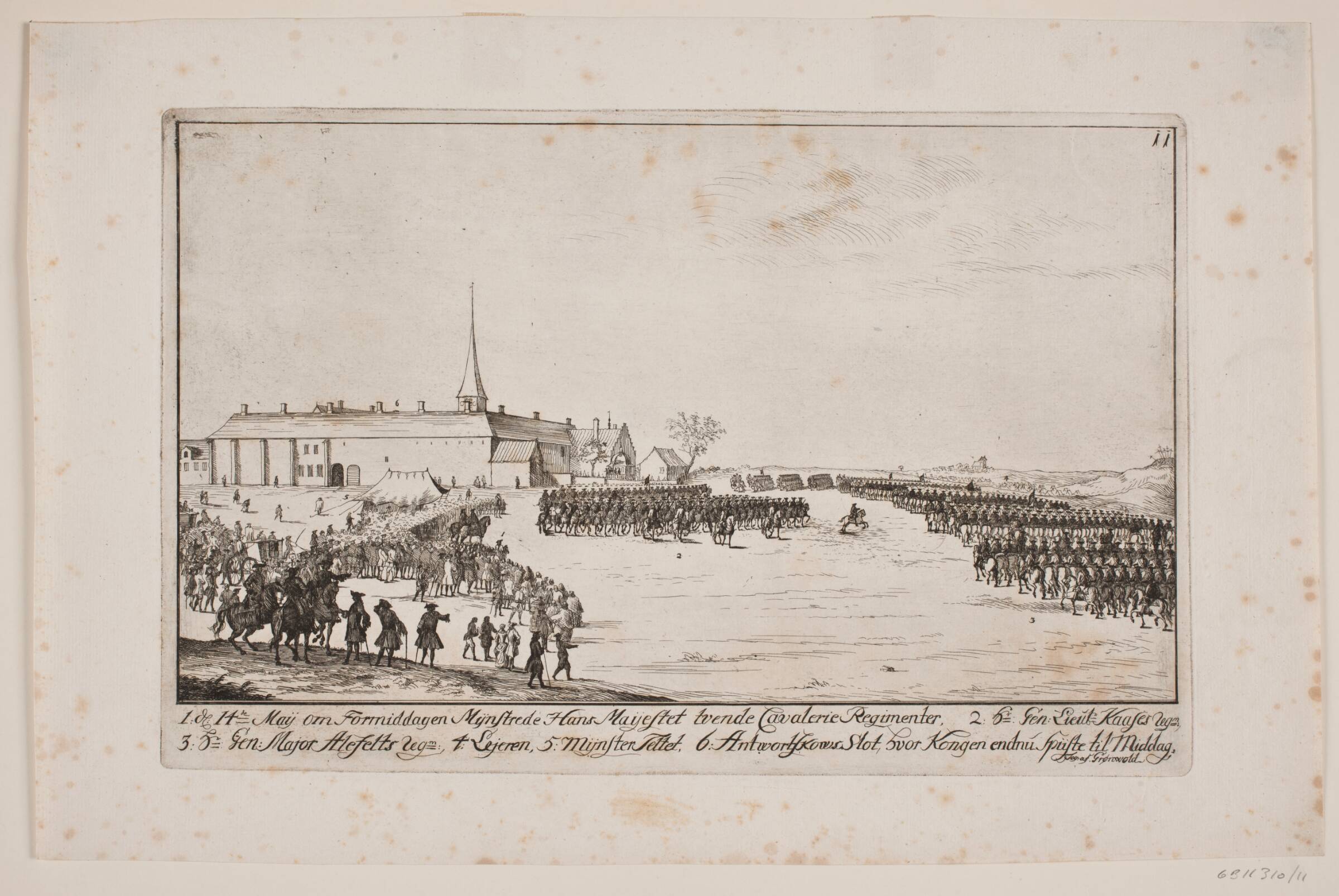 Frederik V mønstrer regimenter på Antvorskov, Poul Isac Grønvold, 1749