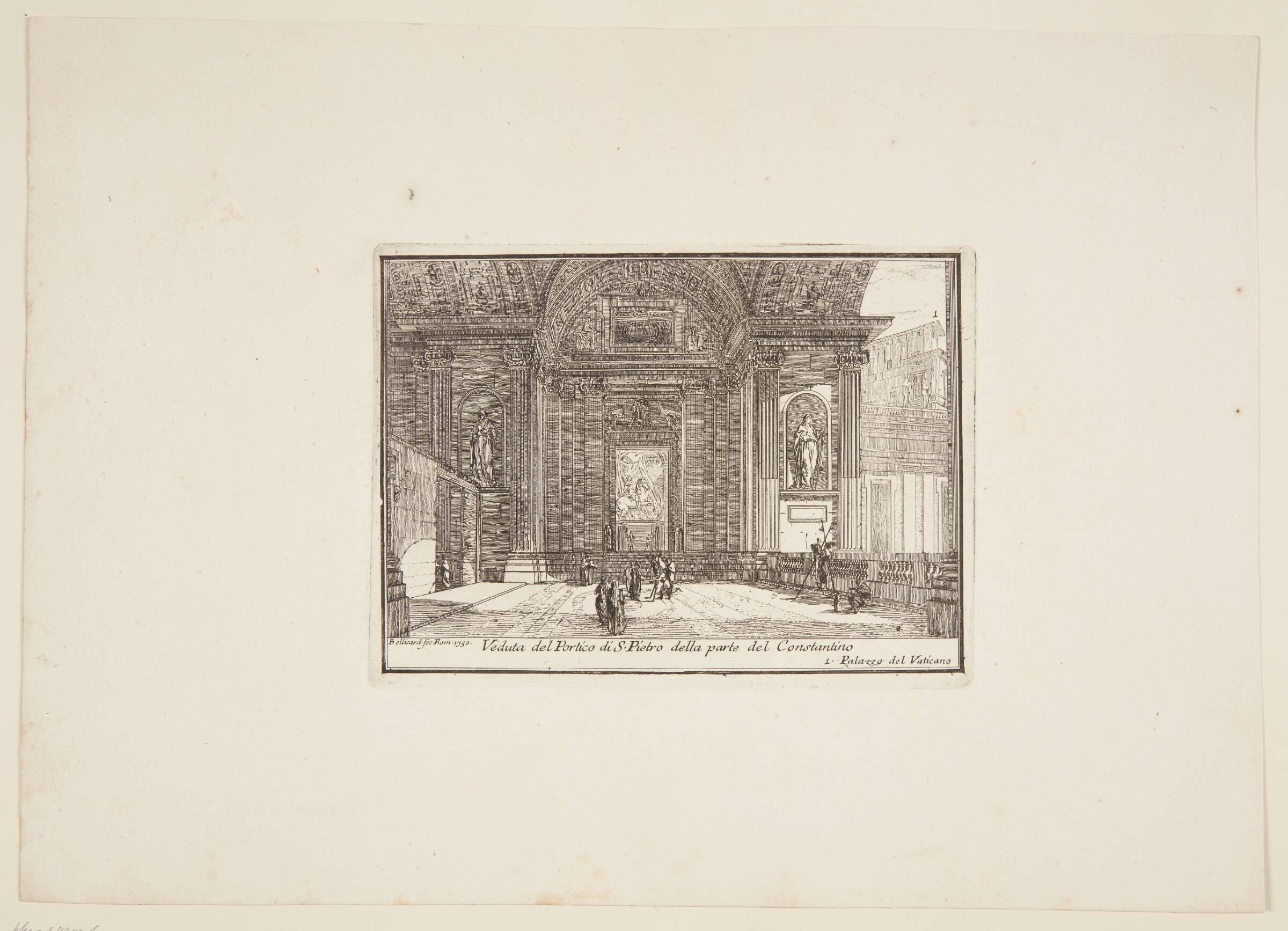 Veduta del Portico di S. Pietro della parte del Constantino. 1. Palazzo del Vaticano, Jerome Charles Bellicard, 1750