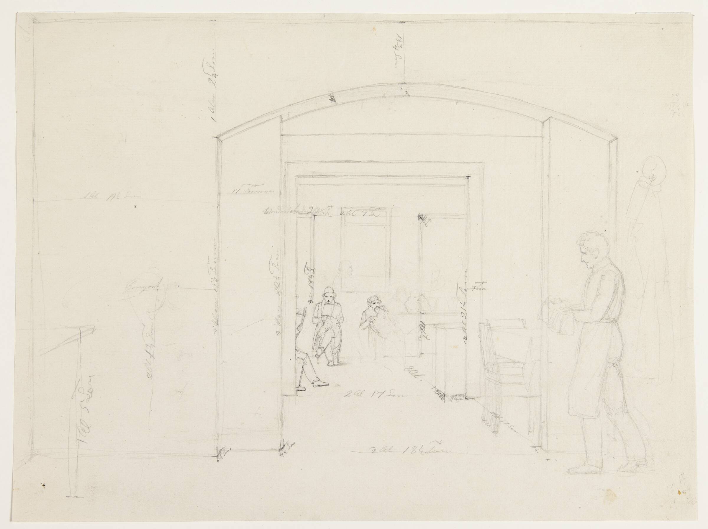 Interiør med opmålinger af Finks Kaffehus, Wilhelm Bendz, 1831-1832