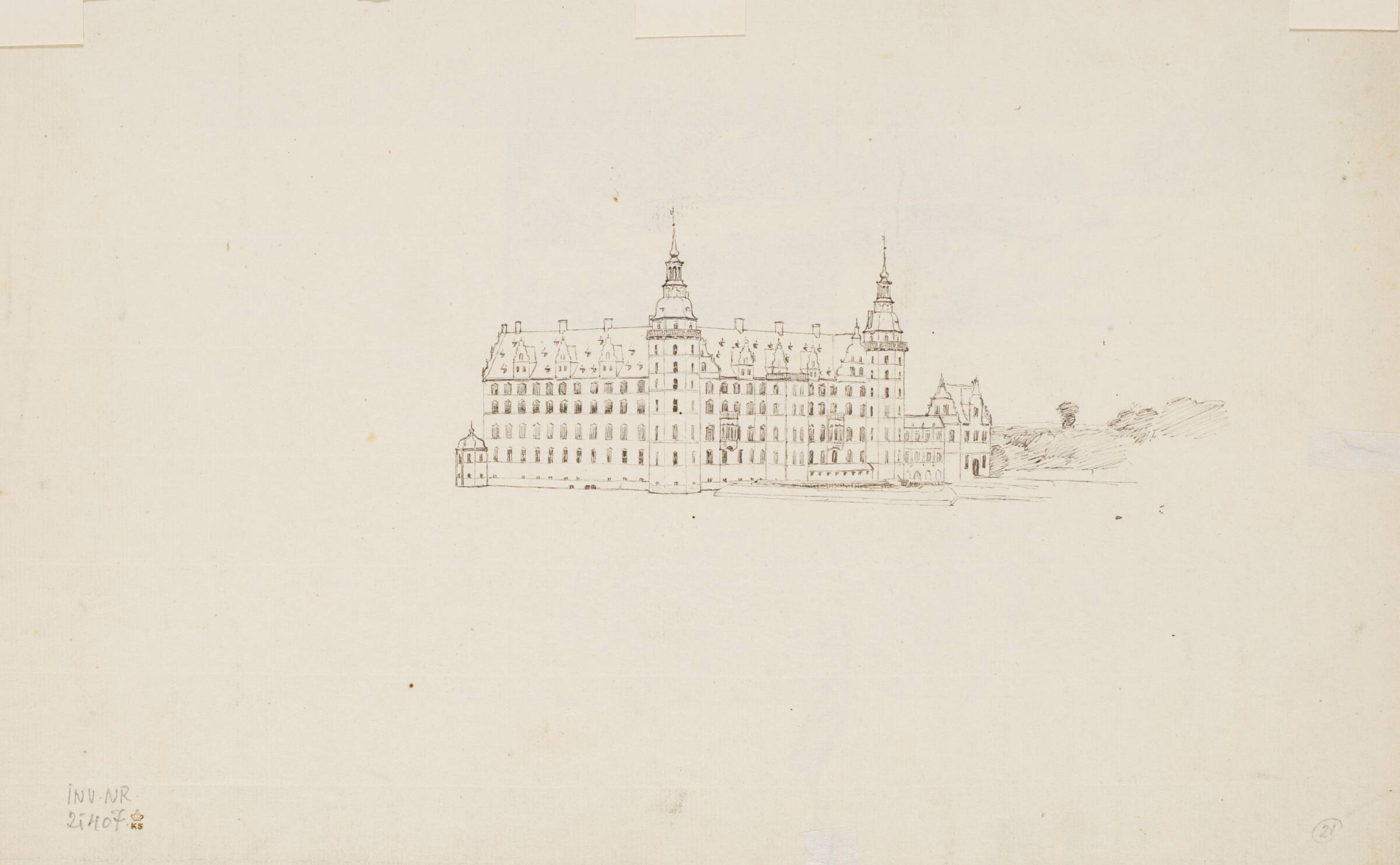 Skitse af Frederiksborg slot set fra søen, audienshuset t.h., P.C. Skovgaard, 1817-1875