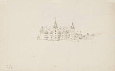 Skitse af Frederiksborg slot set fra søen, audienshuset t.h.
