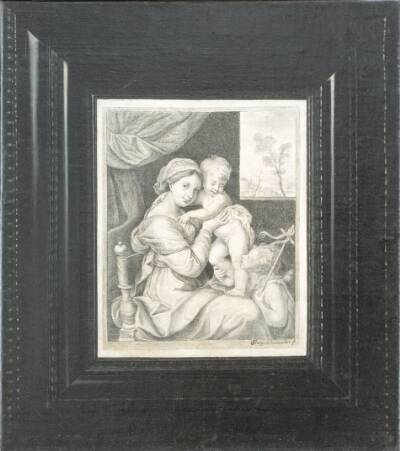 Trompe l'oeil af et indrammet kobberstik af Maria med Barnet