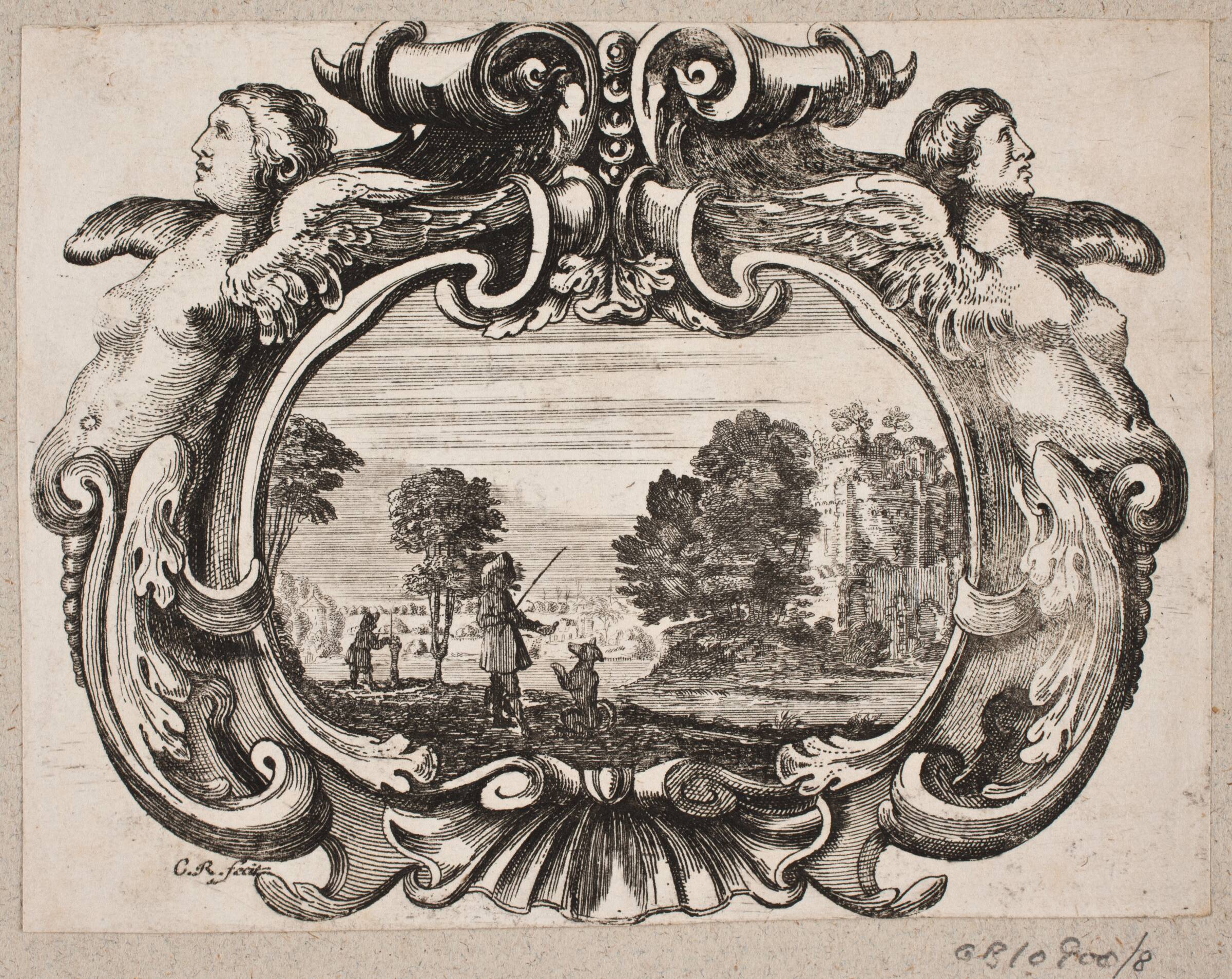Emblem med mand, der lærer en hund kunster, Christian Rothgiesser, 1645-1659