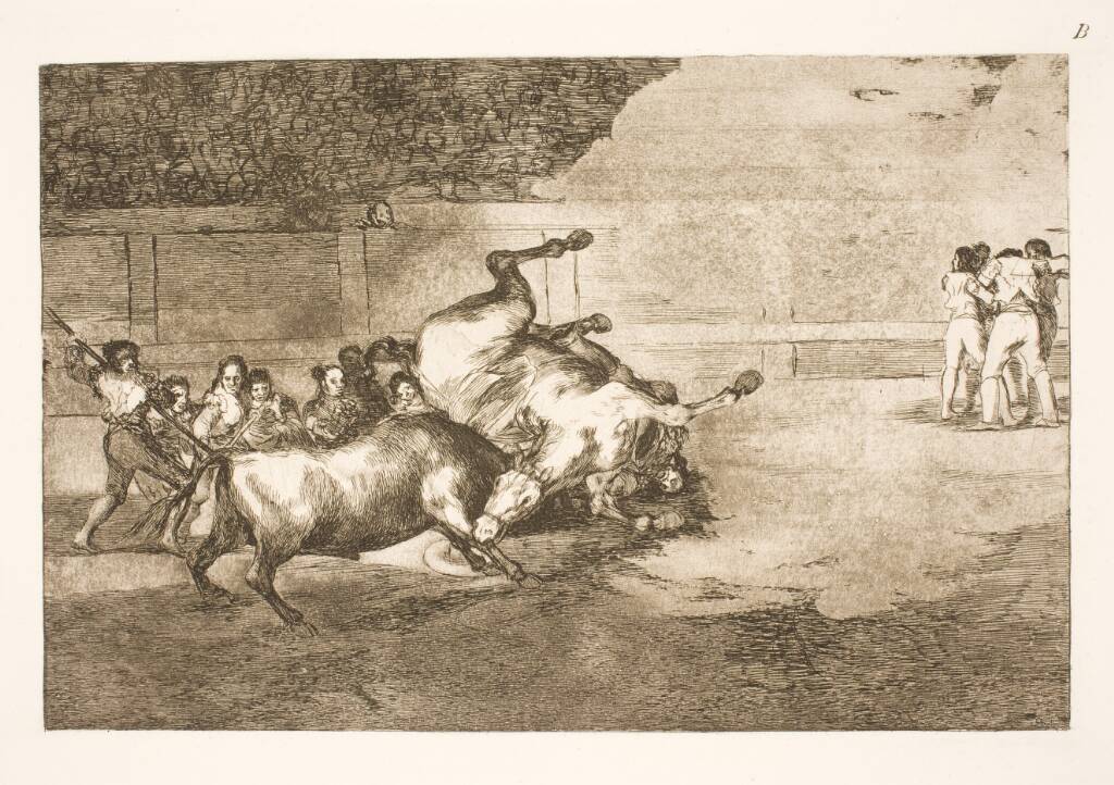 Hest slynges til jorden af en tyr, Francisco de Goya, 1815-1816