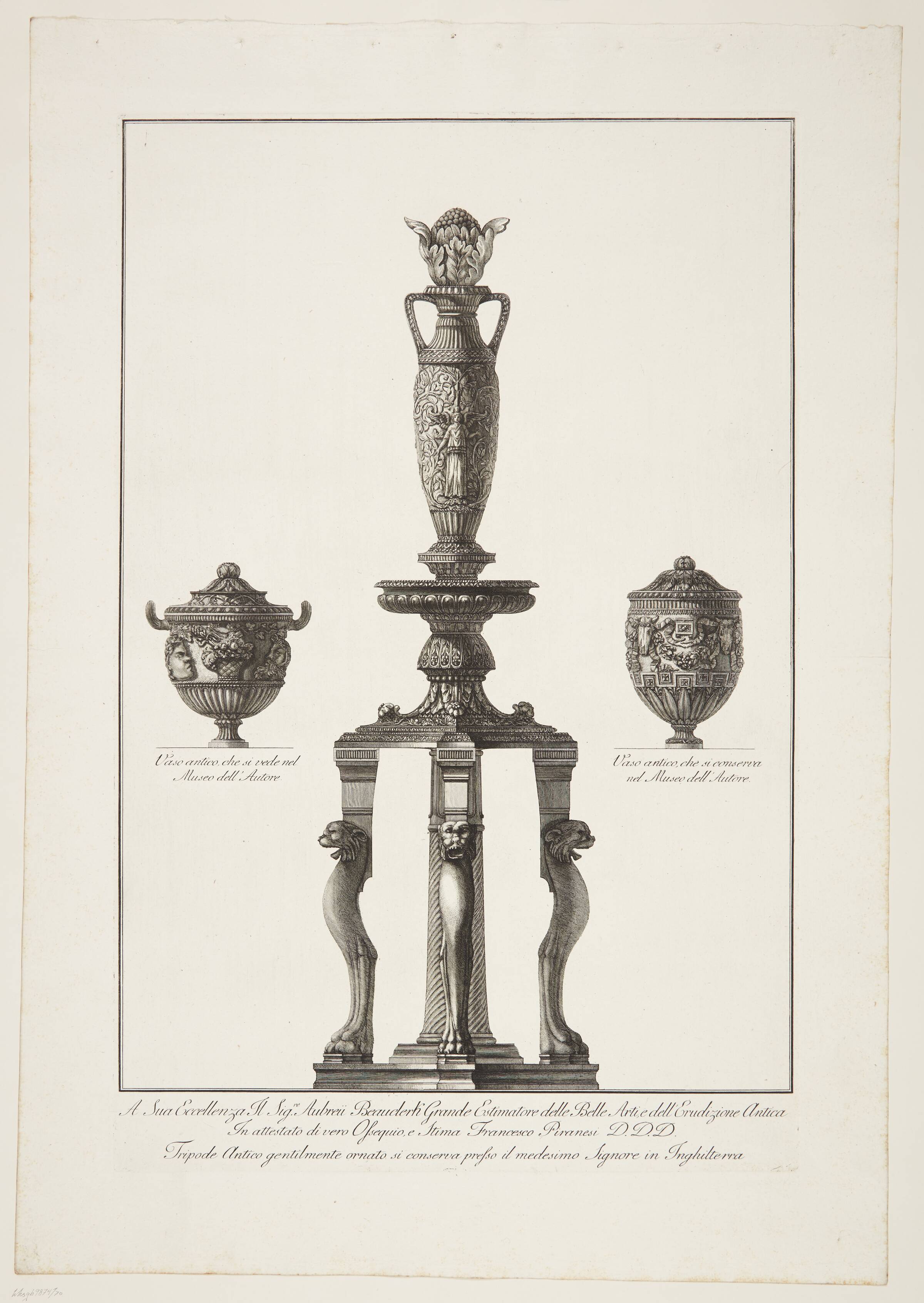 Rigt dekoreret trefod og to vaser, Francesco Piranesi, 1769-1778
