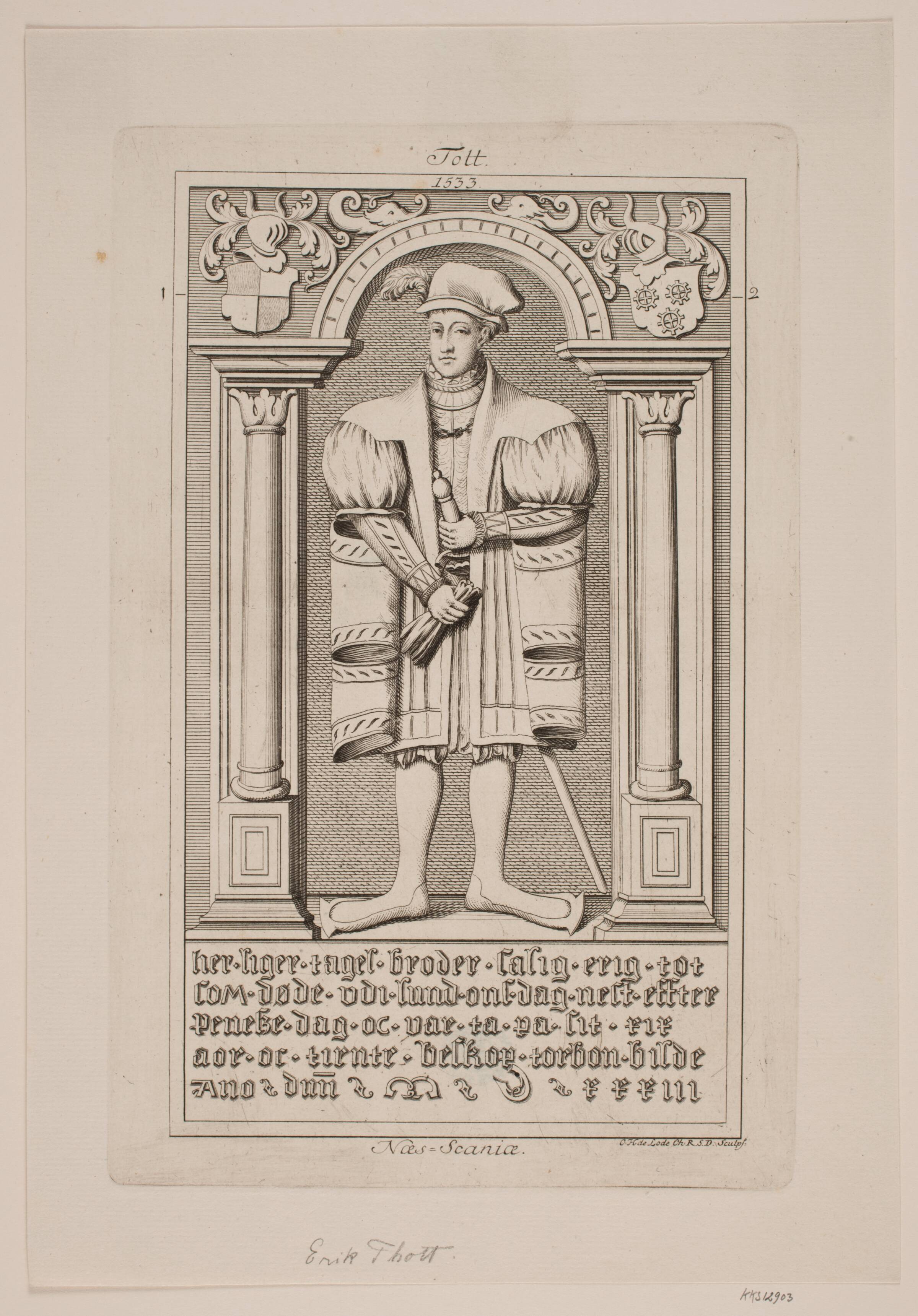E. O. Thotts gravsten. Illustration til ”Nobilitas Daniae ex monumentis”, Odvardt Helmoldt de Lode, 1750-1755