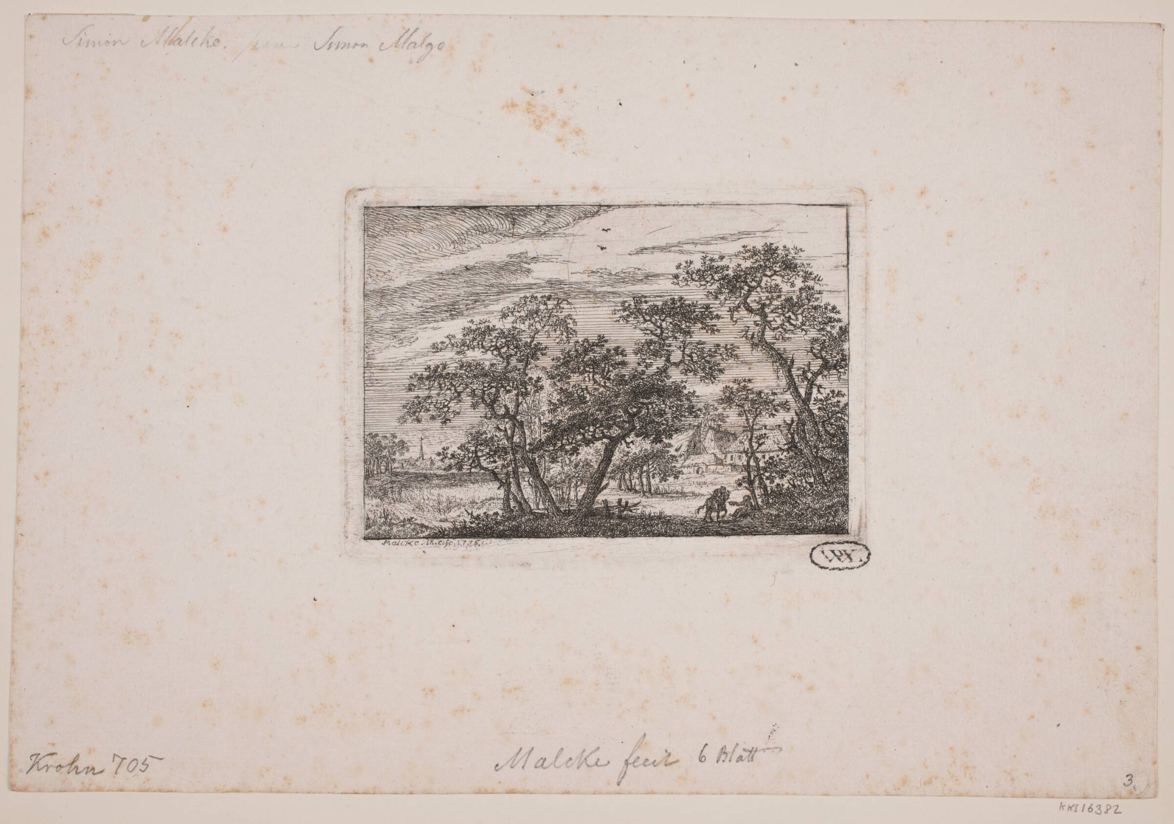 Landskab med store træer foran en landsby, Simon Malgoc, 1776