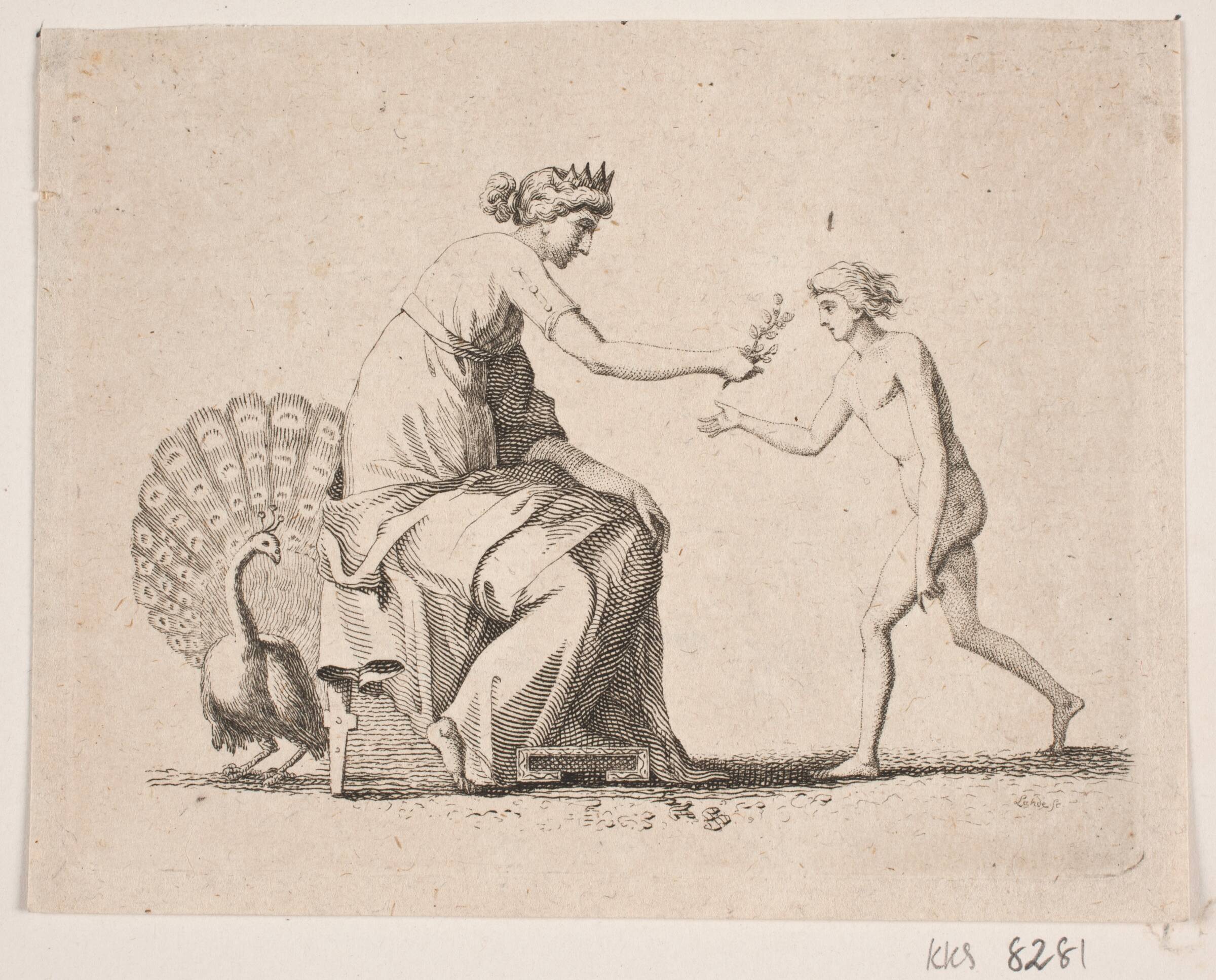 Allegori med Påfugl, siddende kvinde og en ung mand, Gerhard Ludvig Lahde, 1765-1833