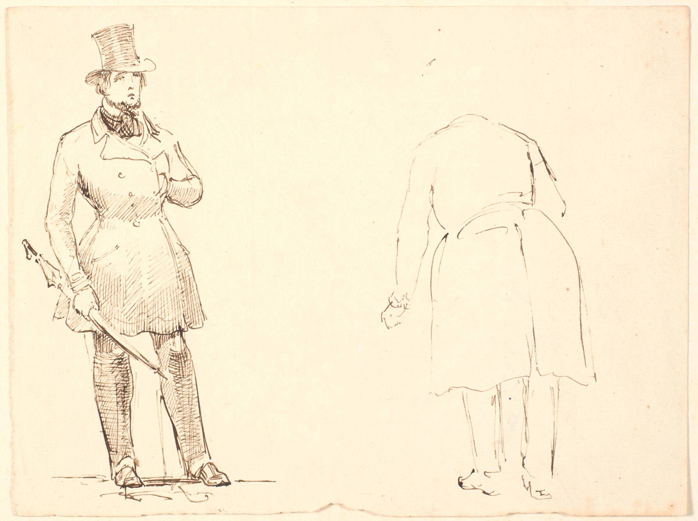 Staaende herre med paraply og t.h. bukkende herre set bagfra, P.C. Skovgaard, 1840-1849