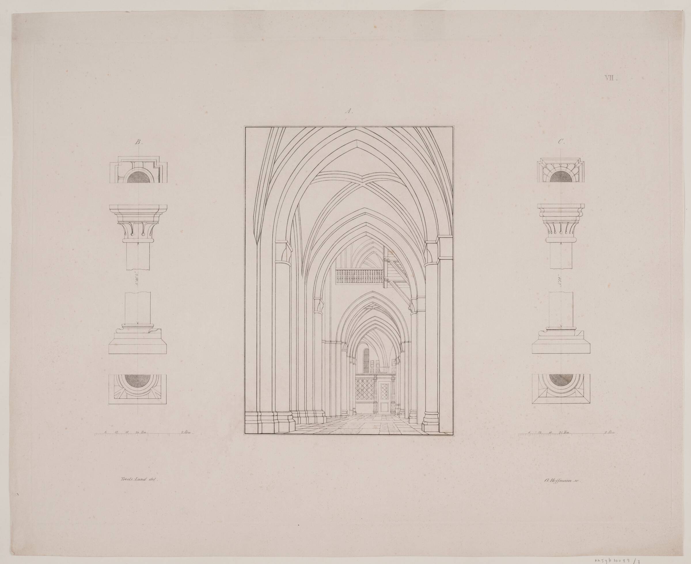 Roskilde Domkirke. Sideskib samt opstalt og snit af søjlekapitæler og -baser, Georg Hoffmann, 1833
