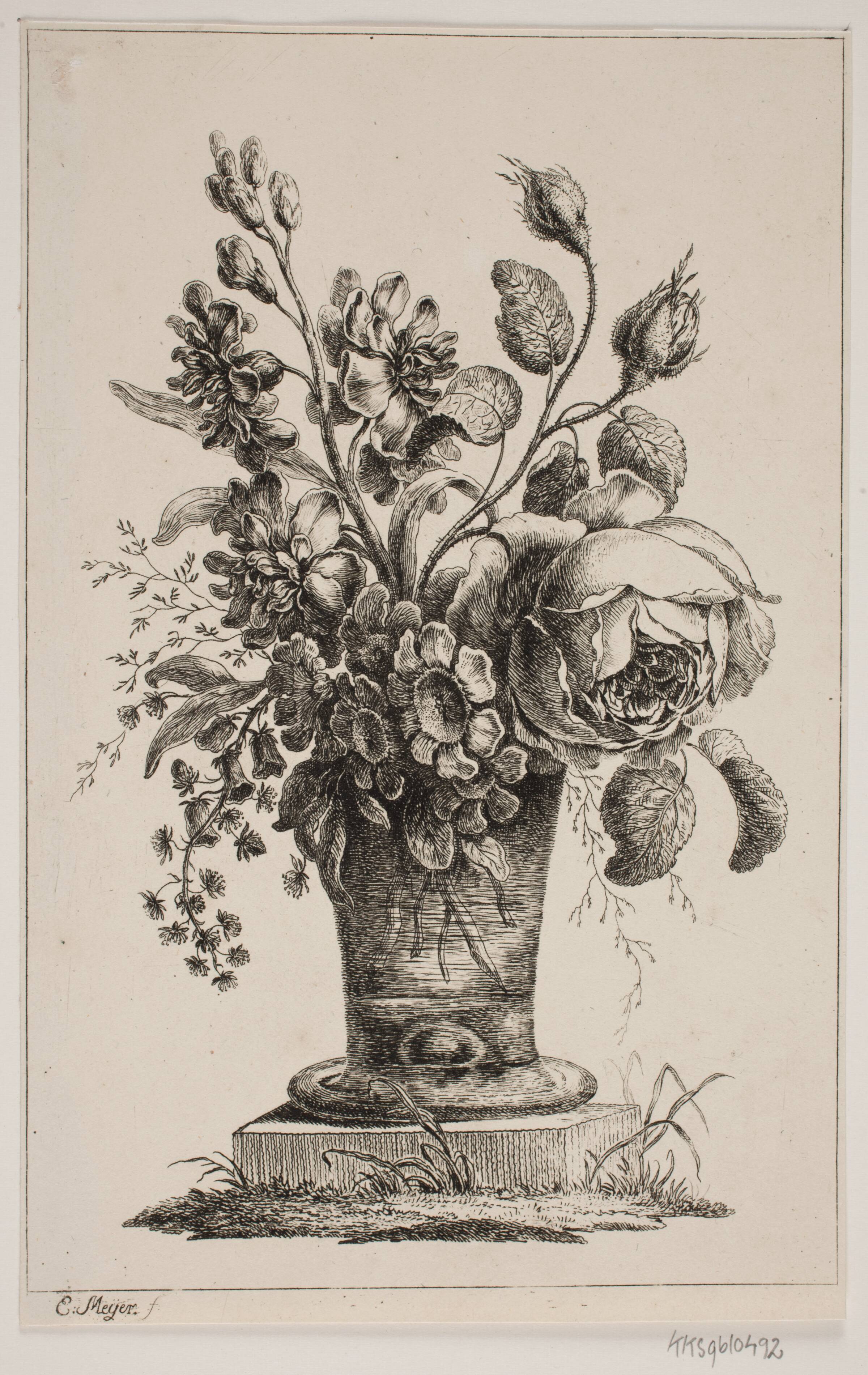 Blomster i et Glas, en Rose, Aurikler m.v., Elias Meyer, 1763-1809