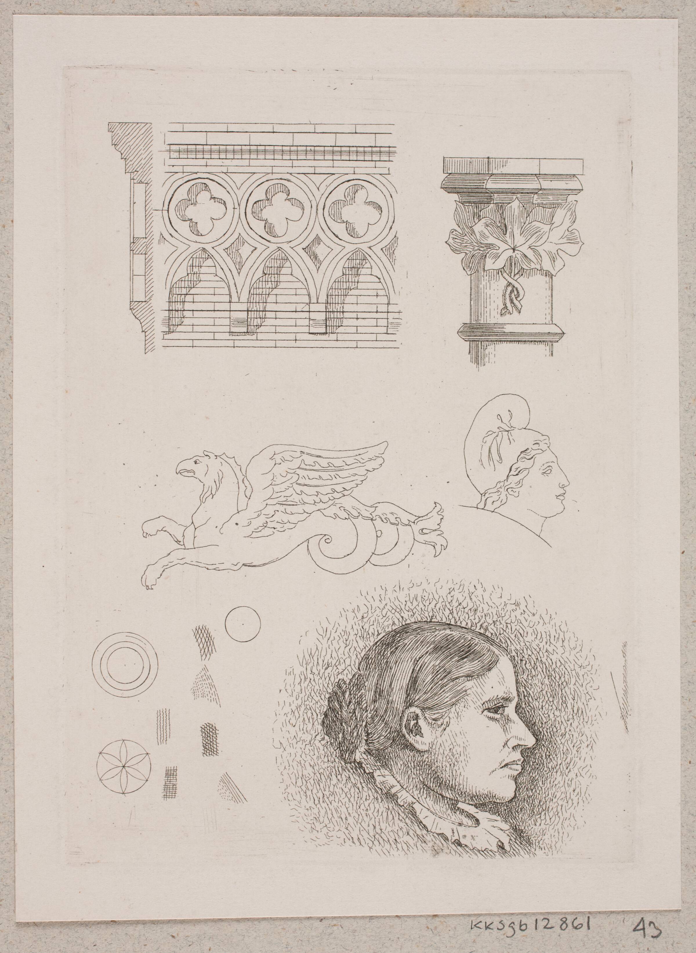 Prøveblad med arkitektoniske fragmenter og Frk. Buchheisters portræt, August Jerndorff, 1864