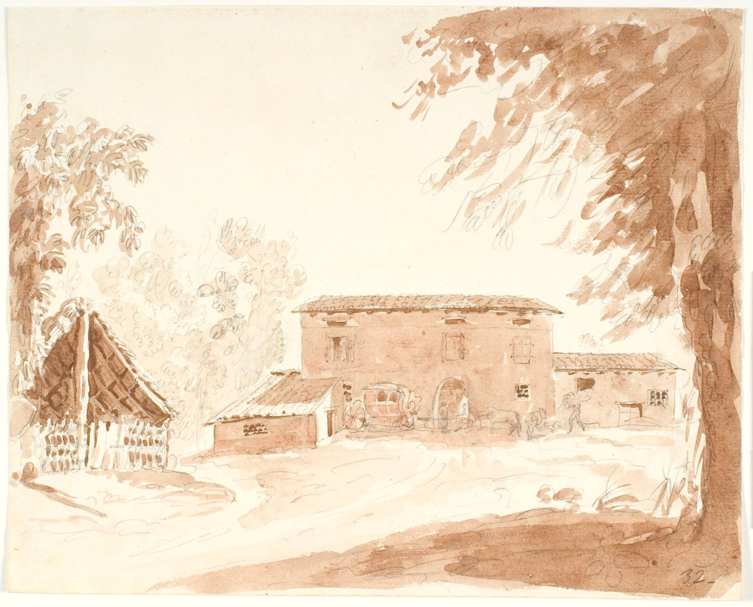 Gårdbygninger i et landskab med vogn, dyr og mennesker, Aron Wallick, 1803-1809