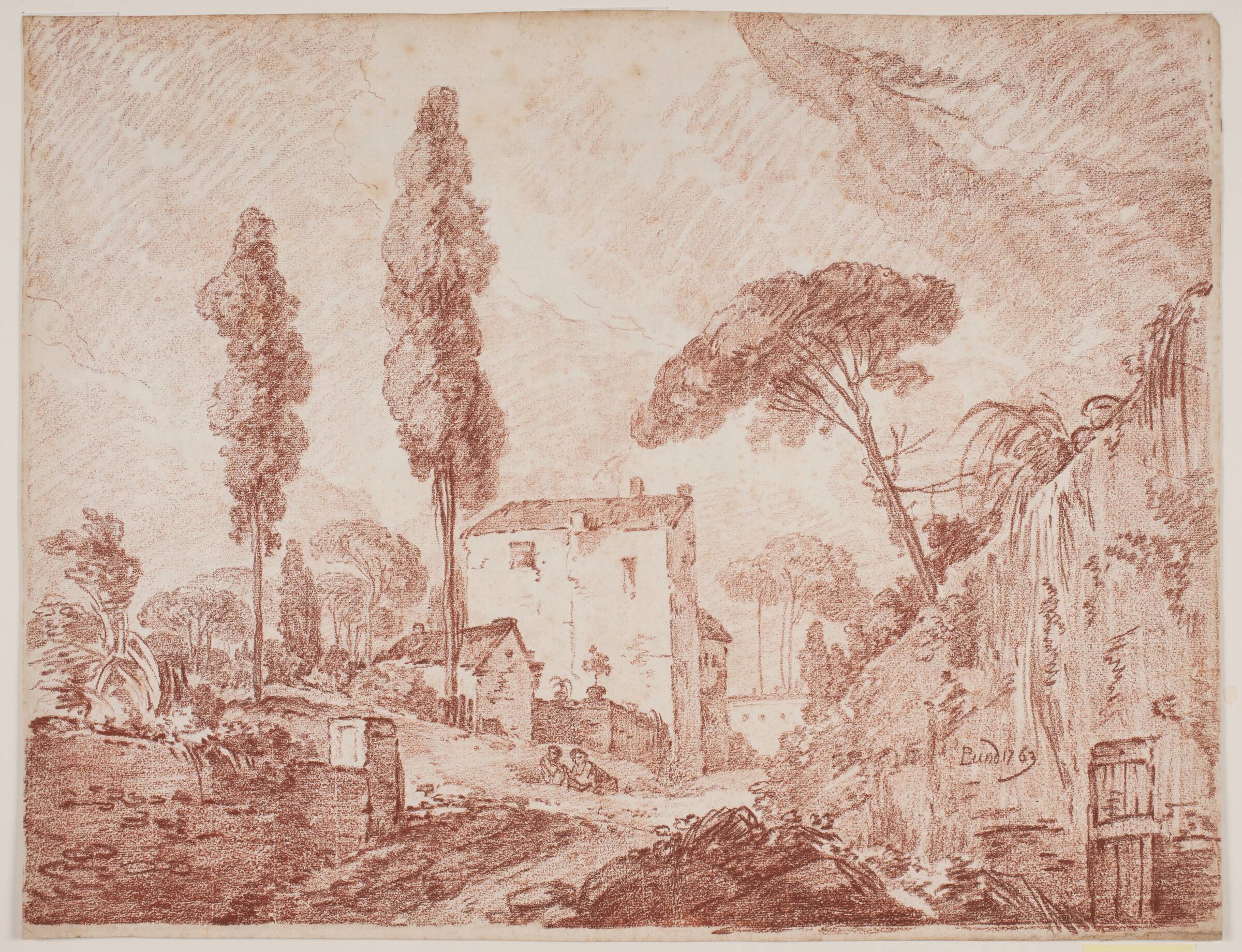 Italiensk fantasilandskab med træer og huse, Jens Petersen Lund, 1763