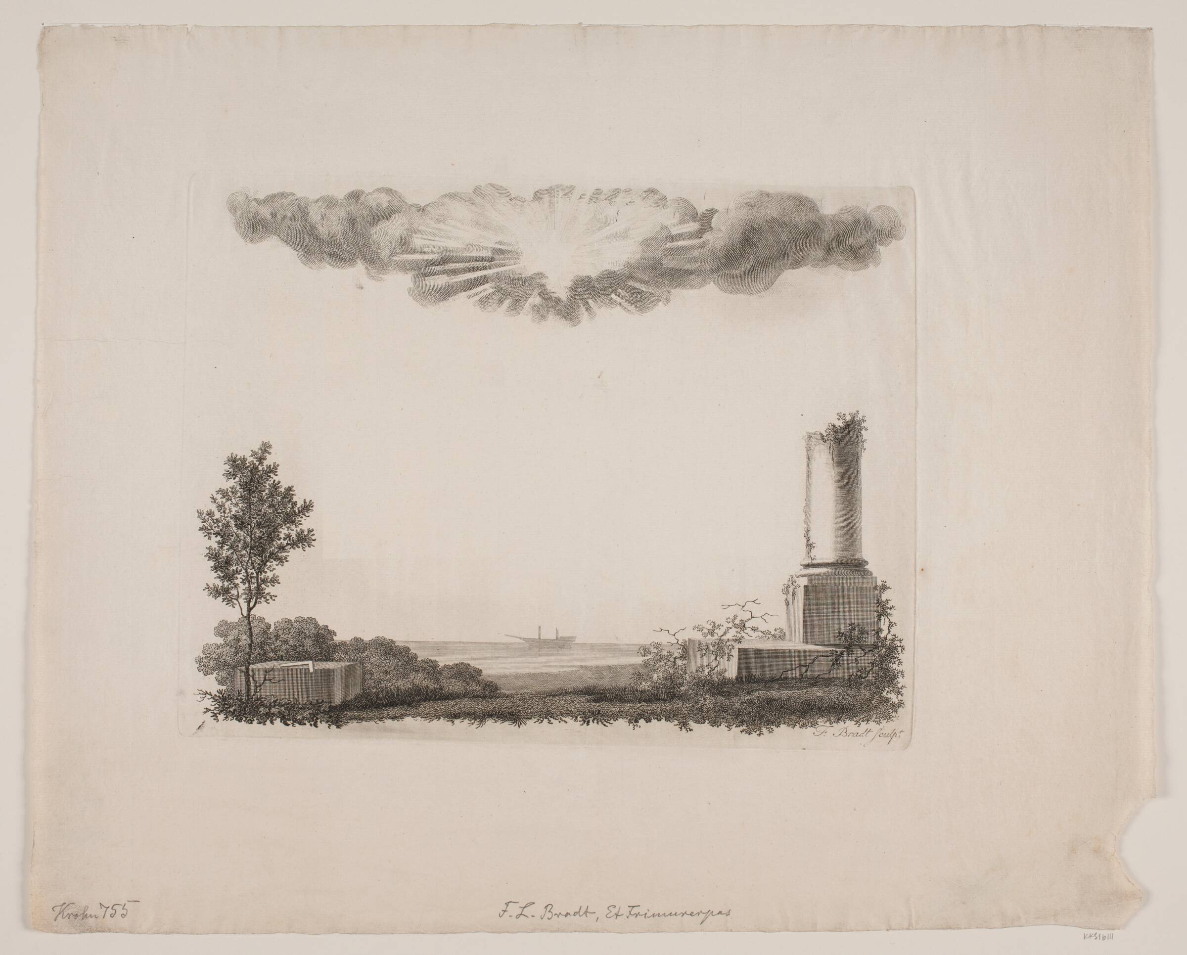 Frimurerpas med landskab med brudt søjle, Bradt, F.L., 1747-1829