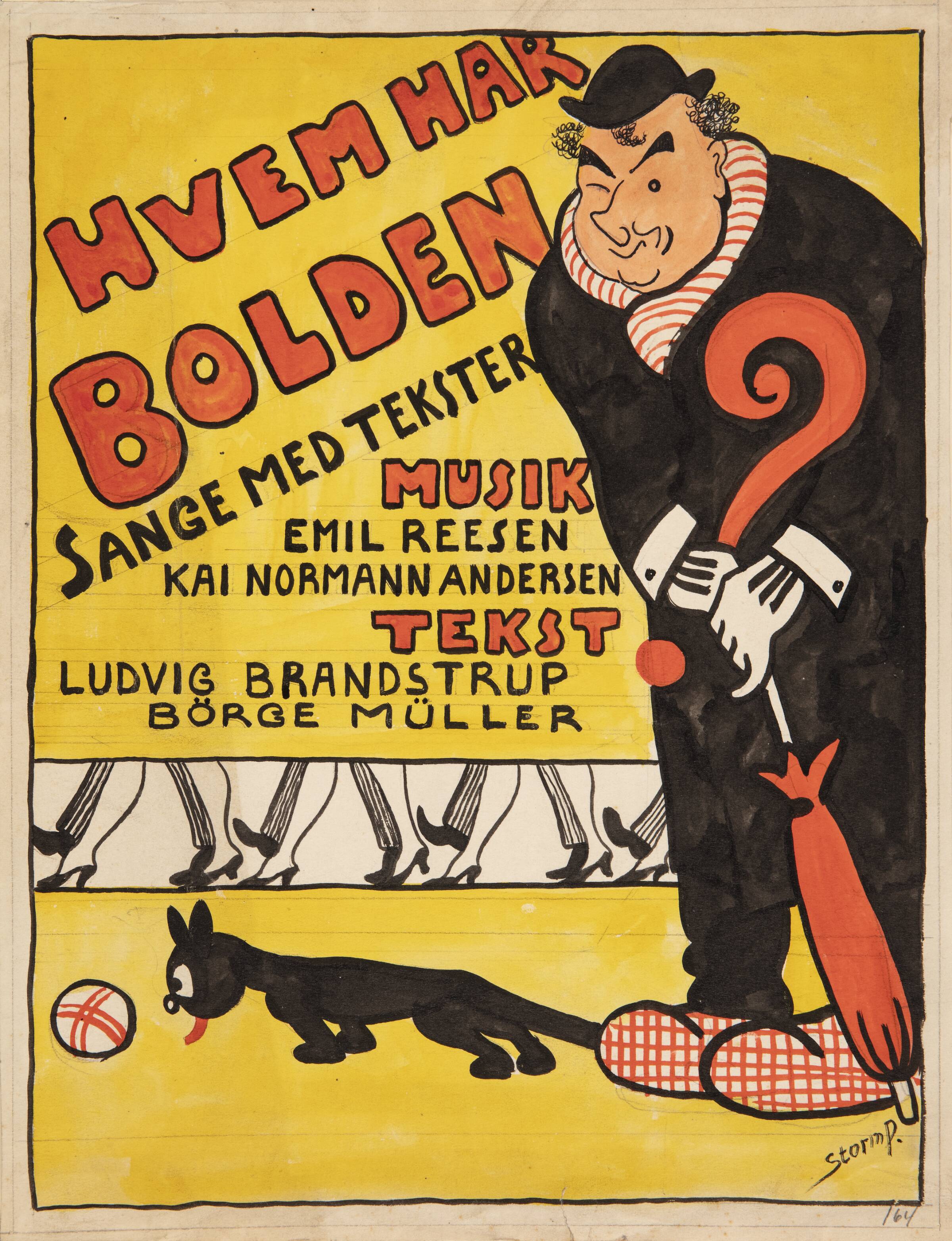 Forlæg til titelblad til "Hvem har Bolden". Karikeret portræt af Carl Alstrup, Storm Petersen, Robert, 1925-1929
