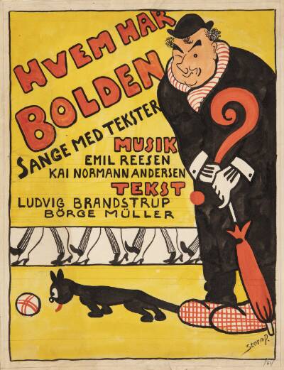 Forlæg til titelblad til "Hvem har Bolden". Karikeret portræt af Carl Alstrup