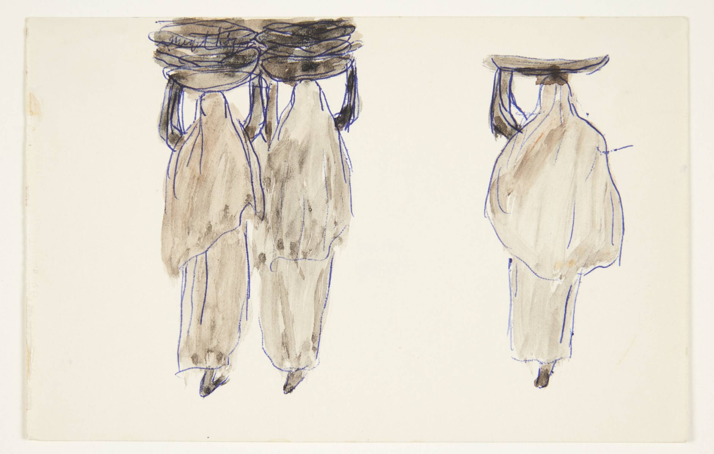 Tre gående kvinder med byrder på hovedet set bagfra, Olivia Holm-Møller, 1890-1946
