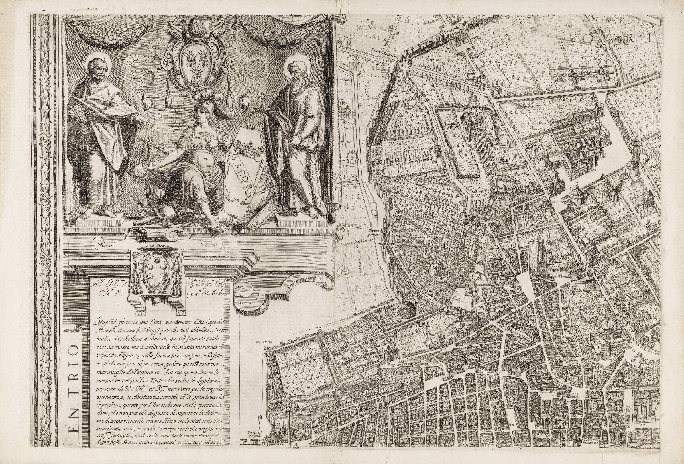 Kort over Rom med de syv pilgrimskirker. Øverste venstre del, Matthäus Greuter, 1618